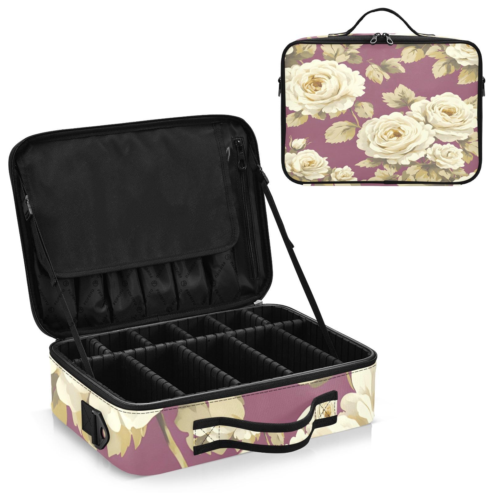 zyrtty Travel Makeup Train Case Flower Purple White Pattern Cosmetic Organizer Portable Storage Bag with Adjustable Dividers for Cosmetics Brushes Toiletry Jewelry Digital Accessories