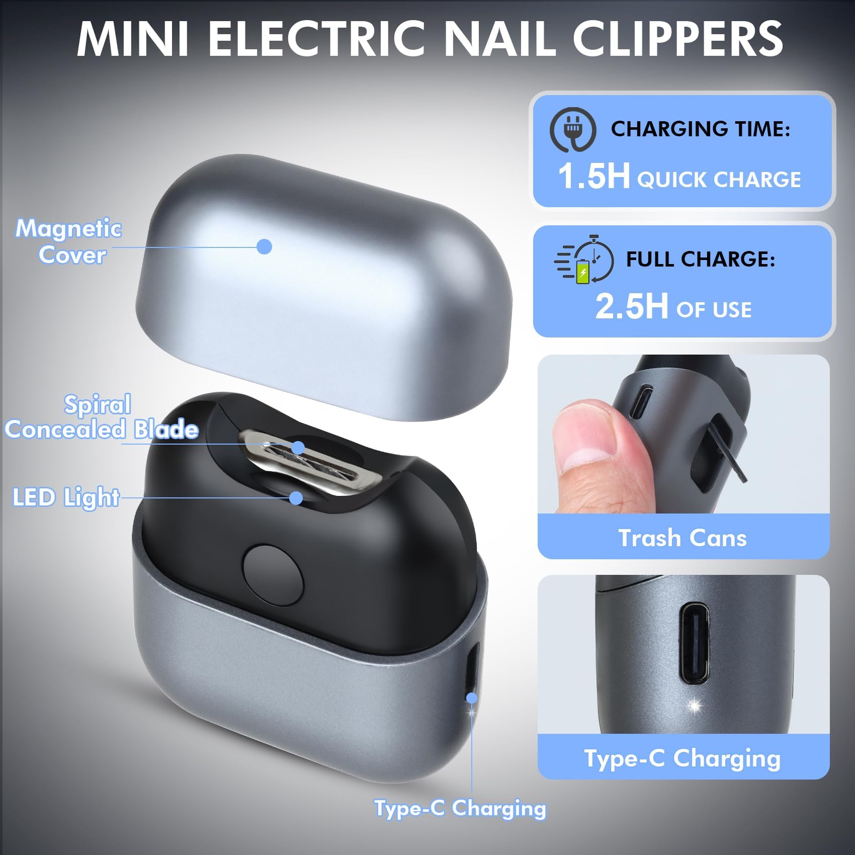 Coupe-ongles électrique à 2 vitesses pour personnes âgées et bébés - Tondeuse automatique rechargeable avec lumière LED, sans danger pour les ongles épais et fragiles, comprend un récupérateur