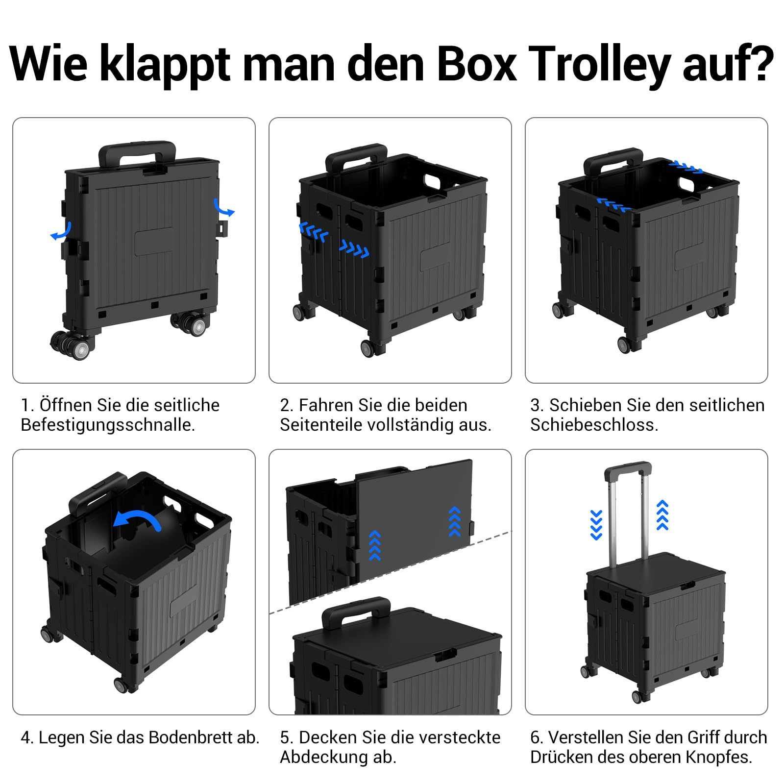 Einkaufstrolley klappbar, Einkaufswagen bis 30 kg, Transportbox mit 4 Rollen, Shopping Trolley Verstellbarer Aluminium Griff, Klappbar Transport Trolley für Einkaufen, Reisen, Büro (Schwarz)