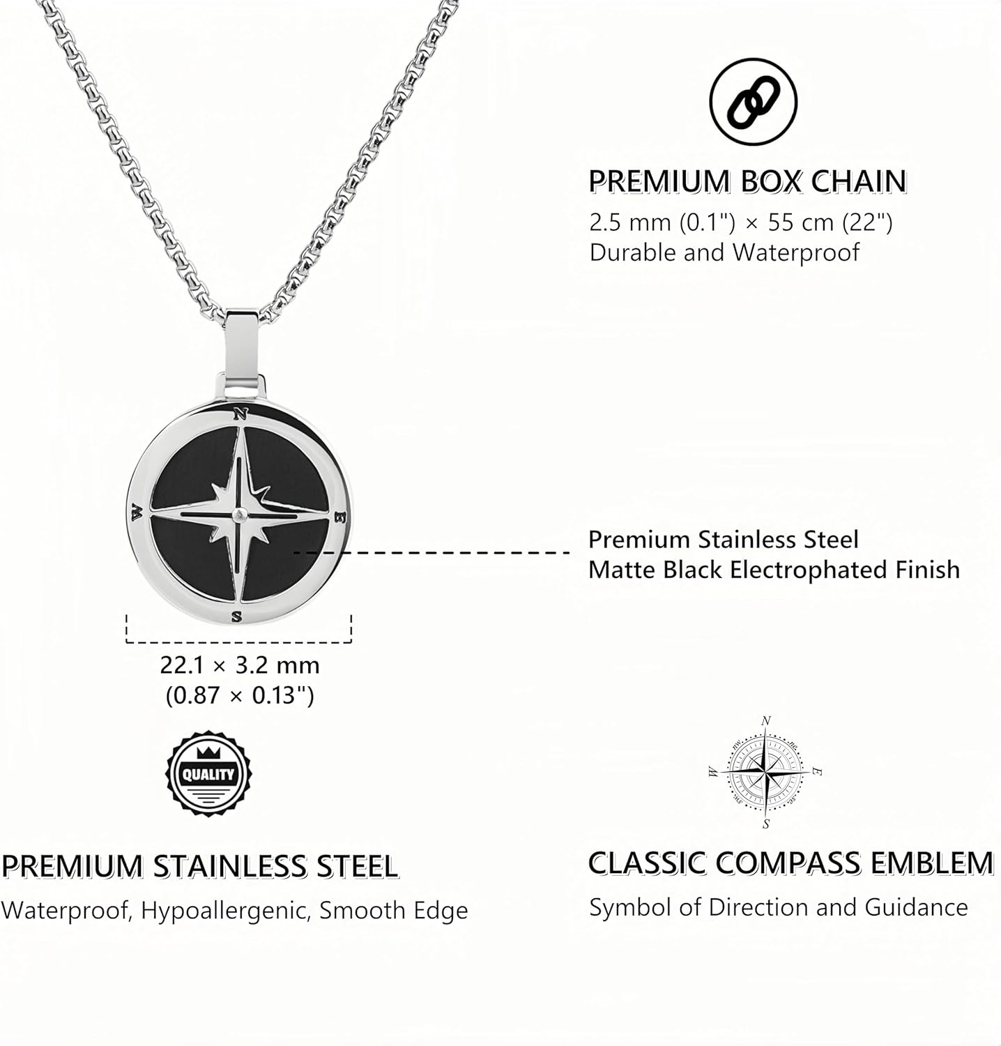 GAVU Men's Stainless Steel Compass Necklace, Crystal Beaded Necklace for Men - Image 3