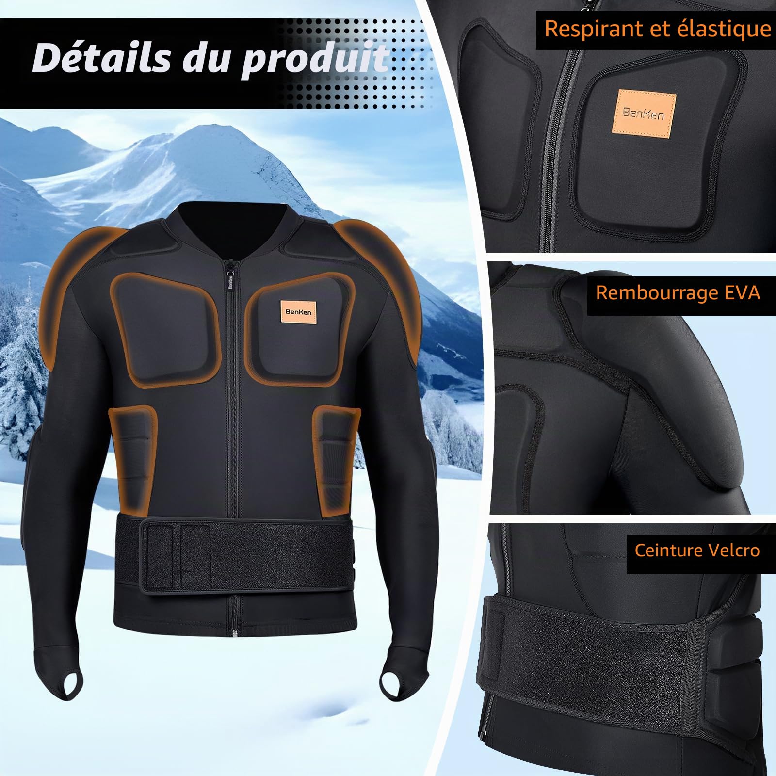 BenKen Ultra Léger Protection Gear Ski Armure de Corps Dos Protection Dos Extérieur Sports Anti-Collision Vêtements pour Snowboard Skateur Ski Equitation Motocross Moto - Court Ski Corps Armure