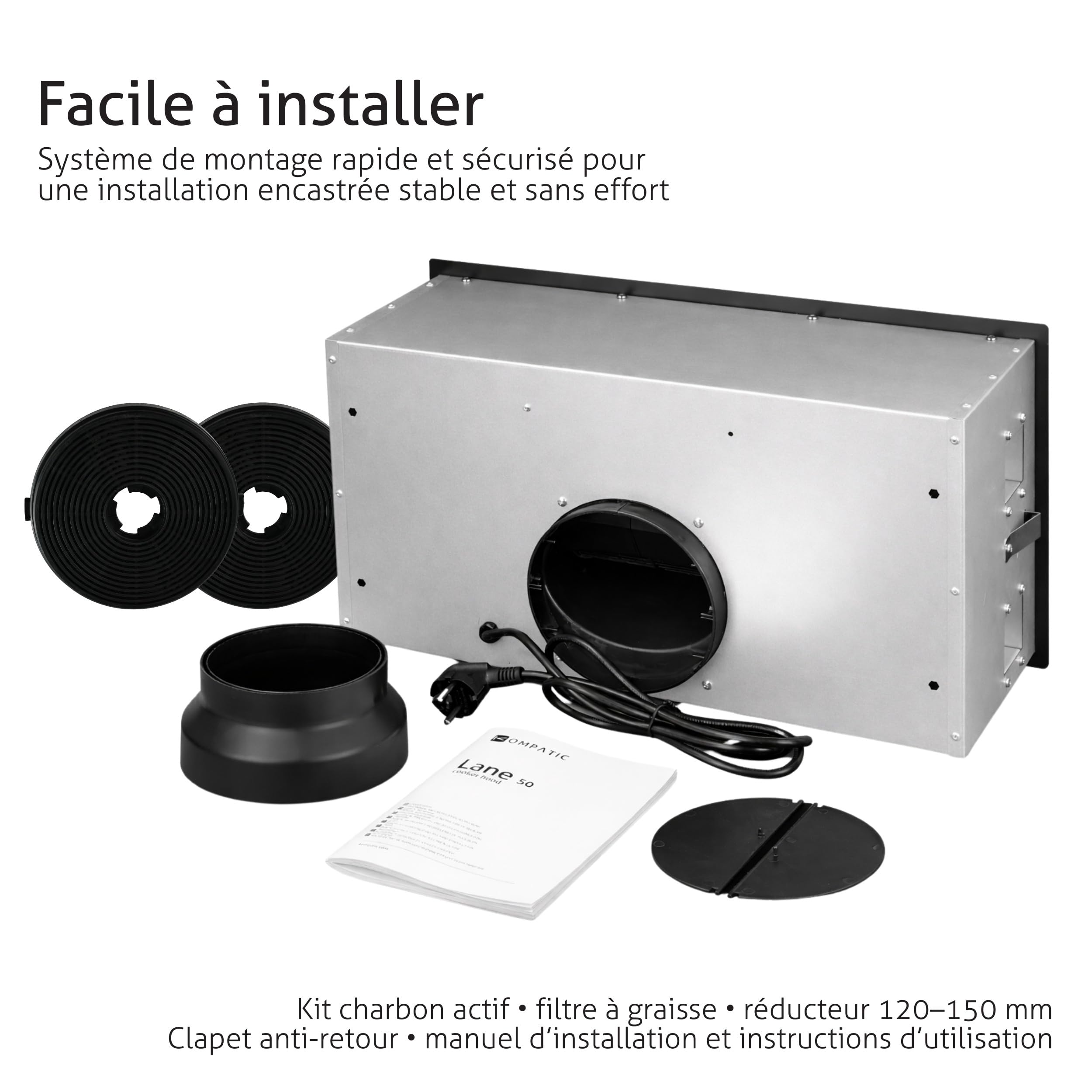 Lane 50 KLN50BI Hotte Aspirante Encastrable 50cm, A+++, Filtres à Charbon inclus KCF4, Minuterie, Contrôle électronique, 450 m³/h, LED, 3 vitesses + boost, Evacuation/Recyclage, Noir