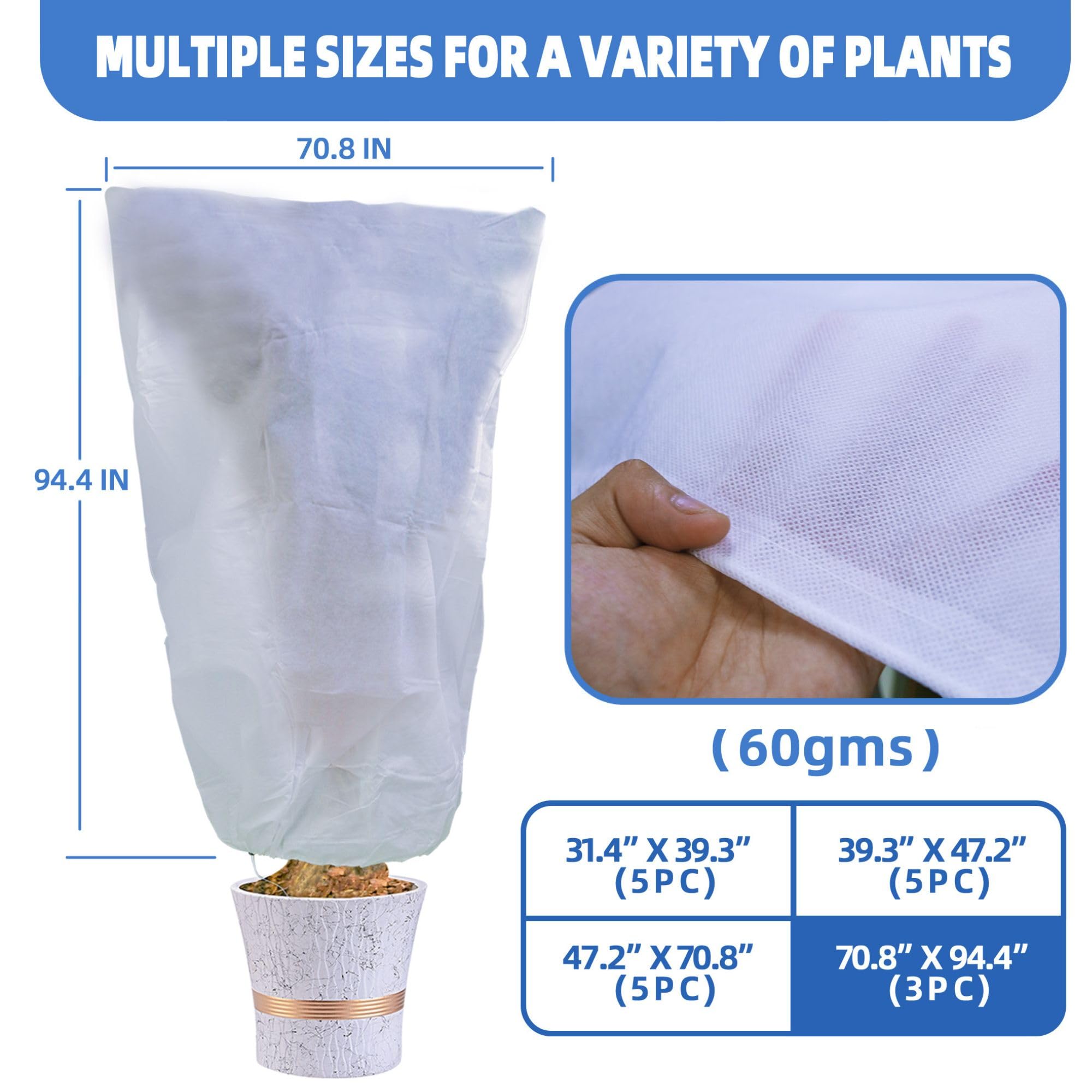 Paquete de 3 cubiertas para plantas de 2.2 onzas, protección contra la congelación, 94.2 x 70.8 pulgadas, tela contra heladas, protección contra la congelación de plantas, chaqueta de arbustos con