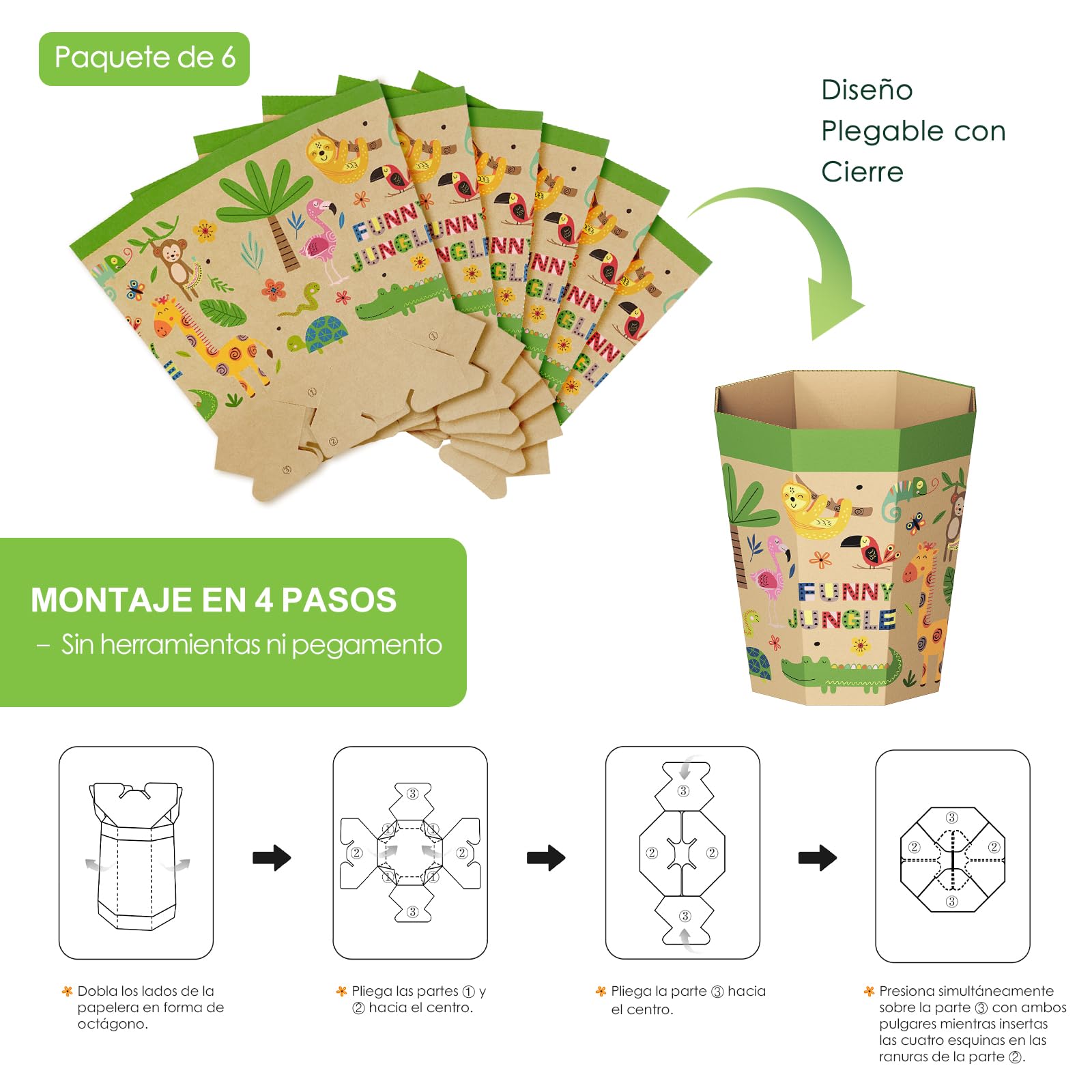 Set de 6 Papeleras de Cartón – Cubos de Basura Plegables, Reciclables, Sin Plástico y Reutilizables para Niños – Pequeñas Basurero para Dormitorios, Salas de Juegos, Habitaciones Infantiles (12L)