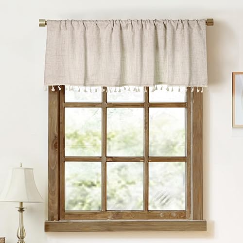 Paquete de 2 cenefas de cocina de lino sintético con borlas para ventanas, cortinas modernas de estilo rústico para baño, decoración bohemia (54 x