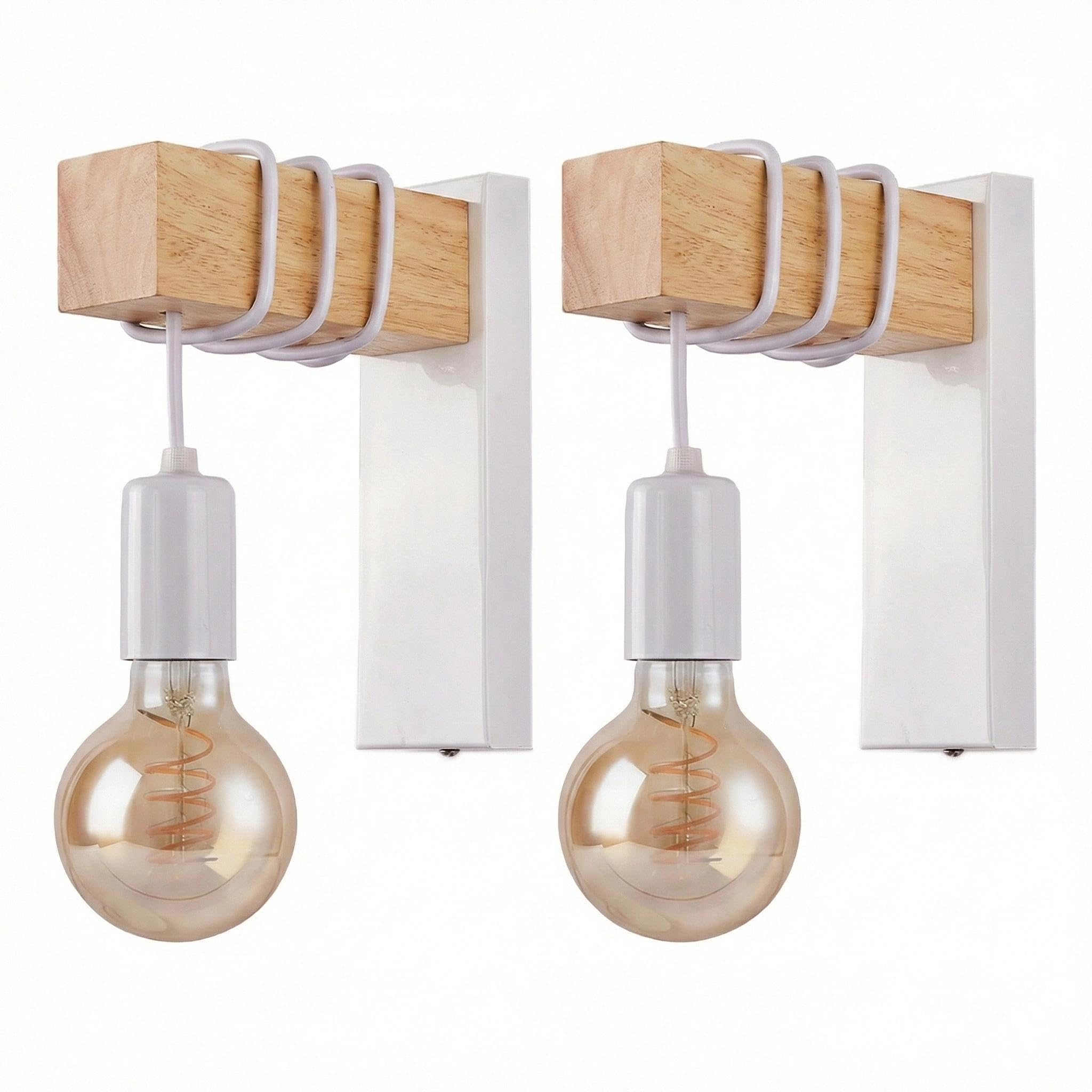 2-pak przemysłowych lamp ściennych w stylu vintage, z dekoracją z drewna, regulowany kabel 85 cm, oprawa E27/E26, uchwyt ścienny 15 cm, retro lampa ścienna w kolorze czarnym