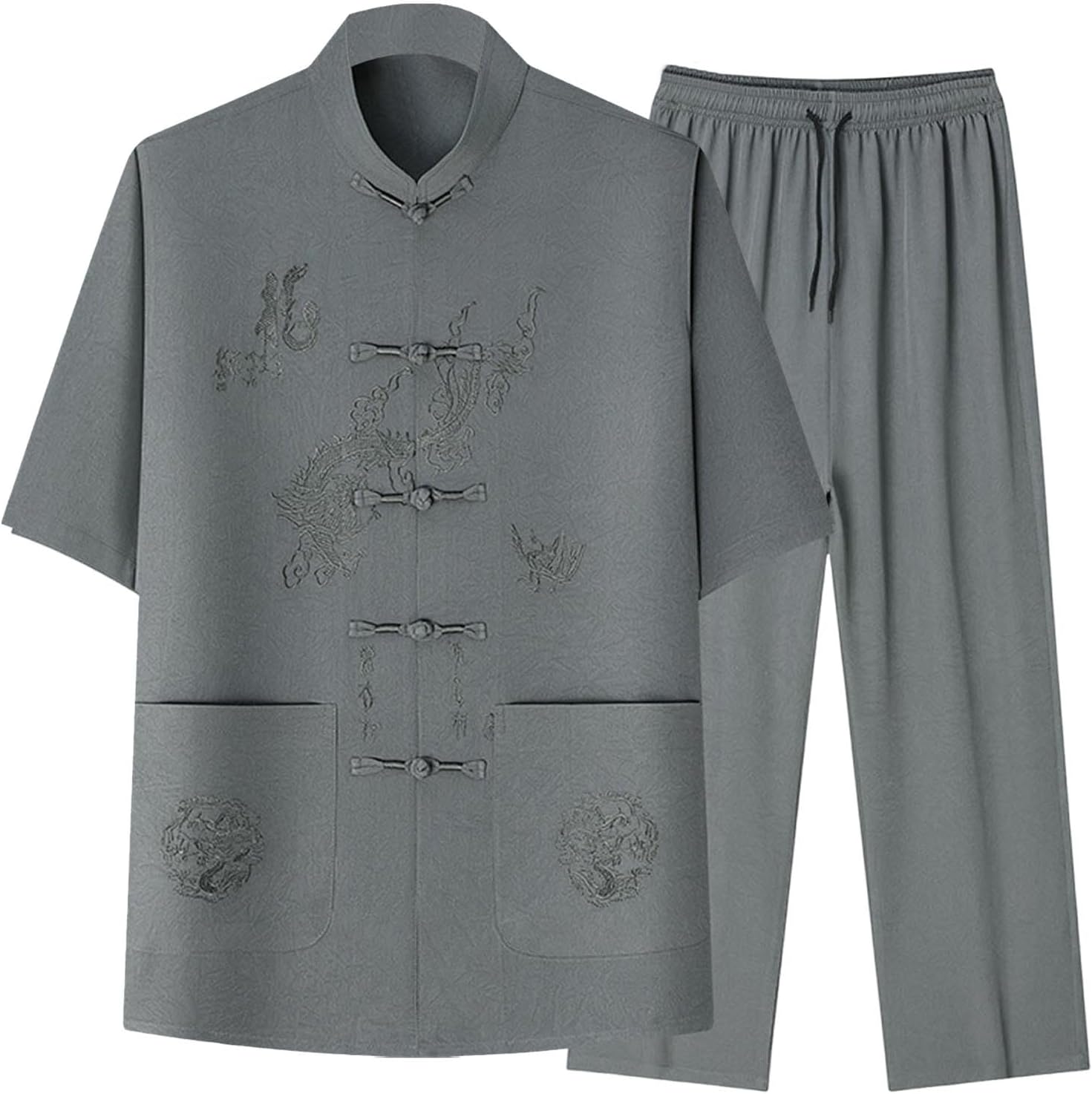 Cambkatl Men's Dragon Embroidered Tang Suit Chinese Traditional Mandarin Collar Kung Fu Shirts Short Sleeve Tai Chi Outfits