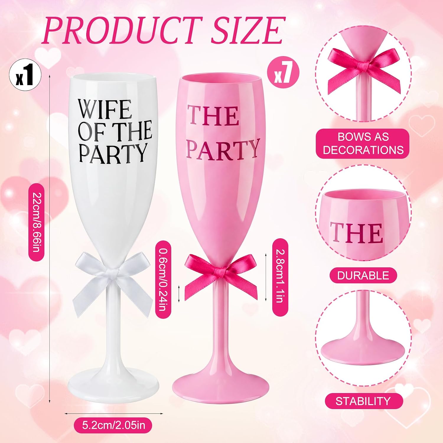 yungyan 8 pcs wife of the party champagne flute acrylic glasses bachlorette cups plastic reusable unbreakable champagne cups for bachelorette wedding bridal shower party(white and pink)