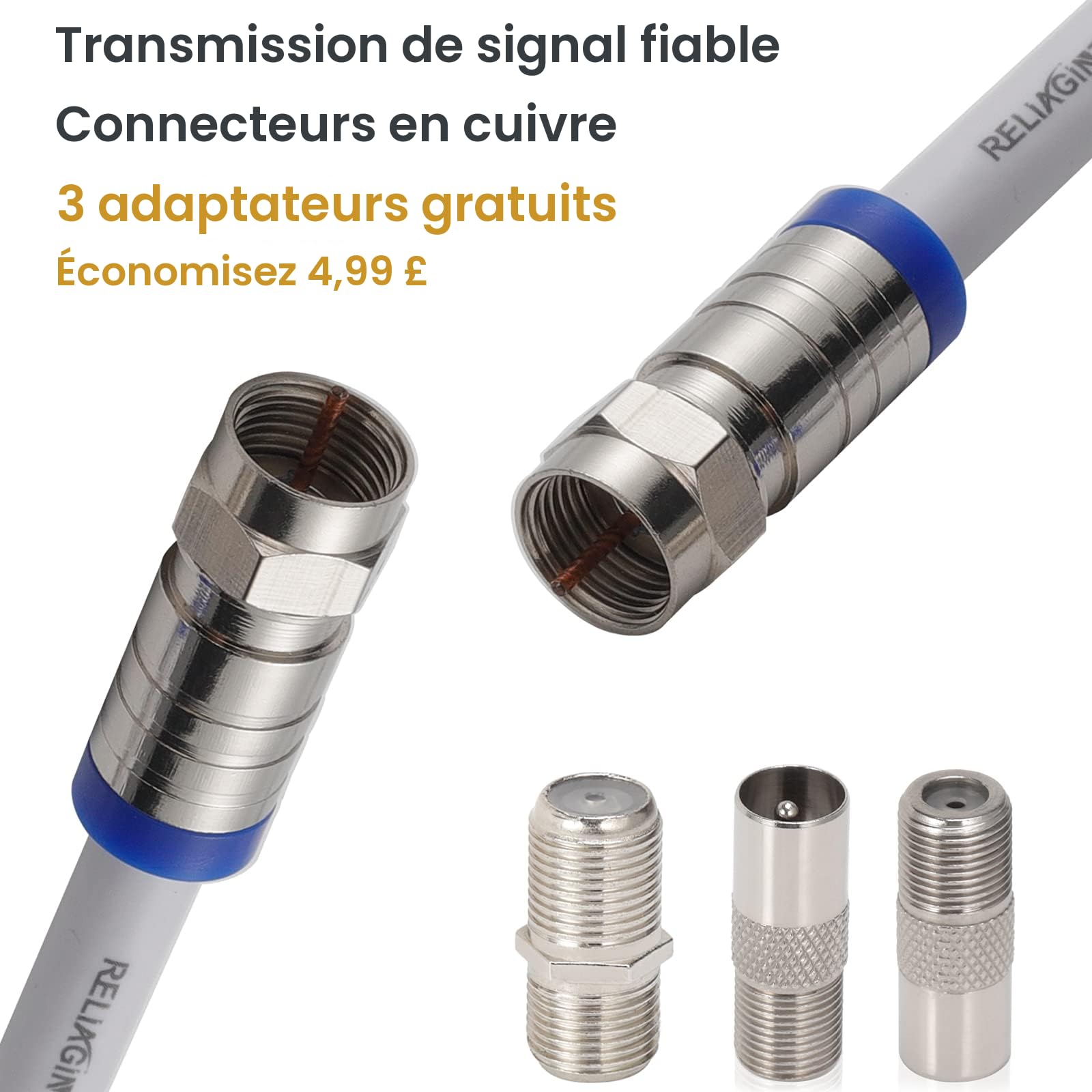 Câble coaxial TV RG6 1m 75 Ohm antenne satellite connecteurs F F81 cuivre étanche 3 GHz blanc