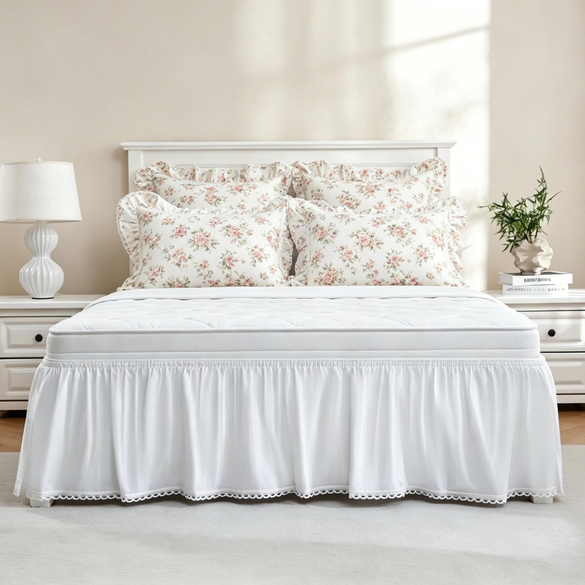 Vlocemon Crochet Edge Lace Wrap Around Dust Ruffle, White Lightweight Cotton Ruffled Bed Skirt, King Size 18" Drop with Elastic Strap, Easy Fit