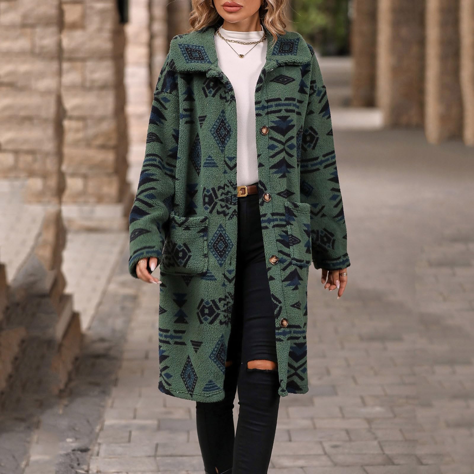 Genérico Abrigo Polar Mujer,Chaqueta De Abrigo Larga De Felpa Estampada De Estilo éTnico con Un Pecho para Mujer De OtoñO E Invierno