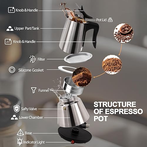 Miniatura 3 de Olla eléctrica de acero inoxidable para 6 tazas de 10.1 fl oz, cafetera expresa, cafetera portátil, cafetera italiana, clásica, Greca, Café, moca,