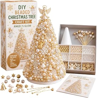 DIY Beaded Christmas Tree Craft Kit (Angel’s Glow) | 3D Crystal Bead Holiday Craft Set with Colorful Beads Ornaments & Angel Tree Topper for Tabletop Home Decor Christmas Gift