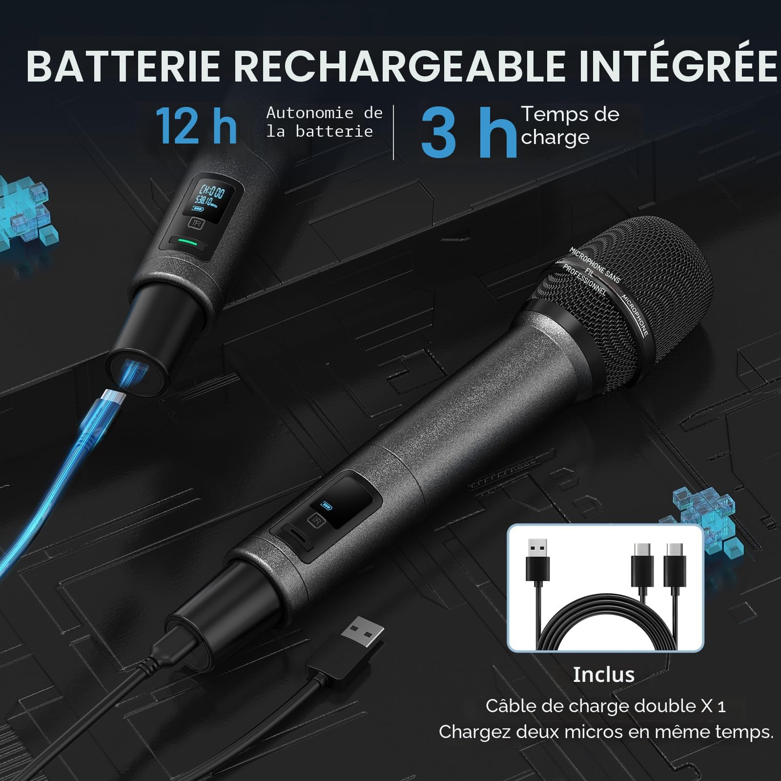 TONOR Système de Micro sans Fil, Microphone sans Fil Rechargeable Professionnel, Micro Dynamique sans Fil en Métal 2x100 UHF pour Karaoké/église/Chant/Mariage/DJ, Auto Scan, 80 M Range, TW550
