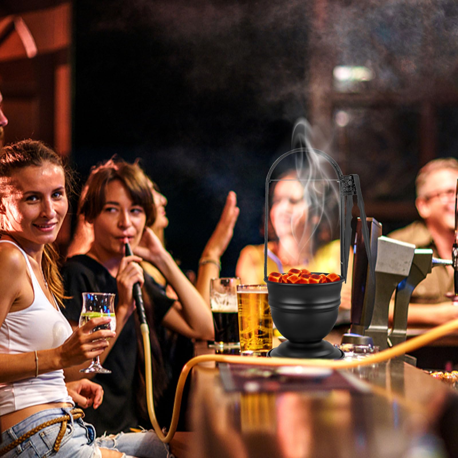 Cesta de carbón para cachimba de 13.7 pulgadas con pinzas de carbón de 7 pulgadas, contenedor de carbono portátil con soporte de carbón de metal para accesorios de shisha