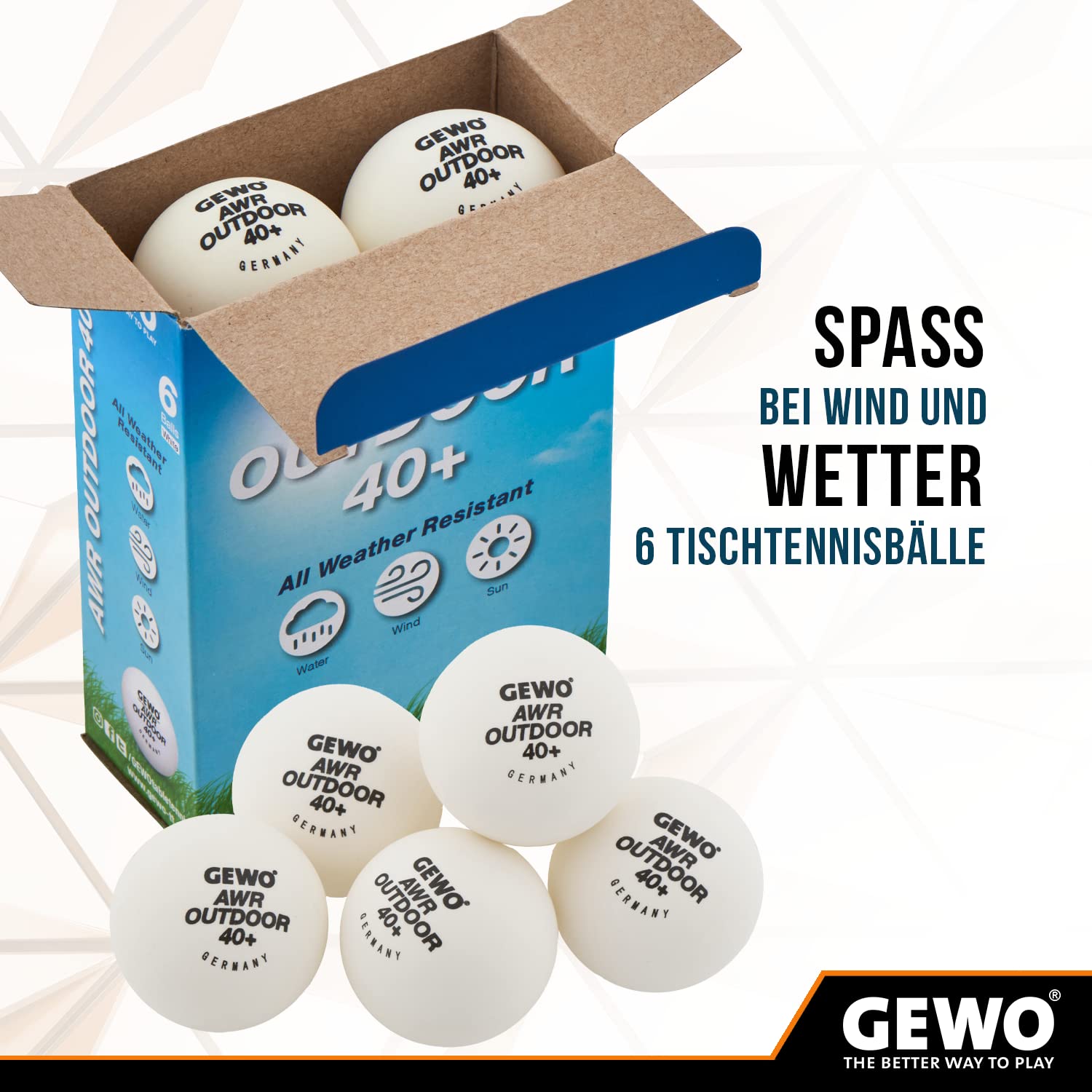 GEWO AWR Outdoor 40+ piłka do tenisa stołowego – wodoodporne plastikowe piłki do gry na zewnątrz – wysokiej jakości, odporne na warunki atmosferyczne.