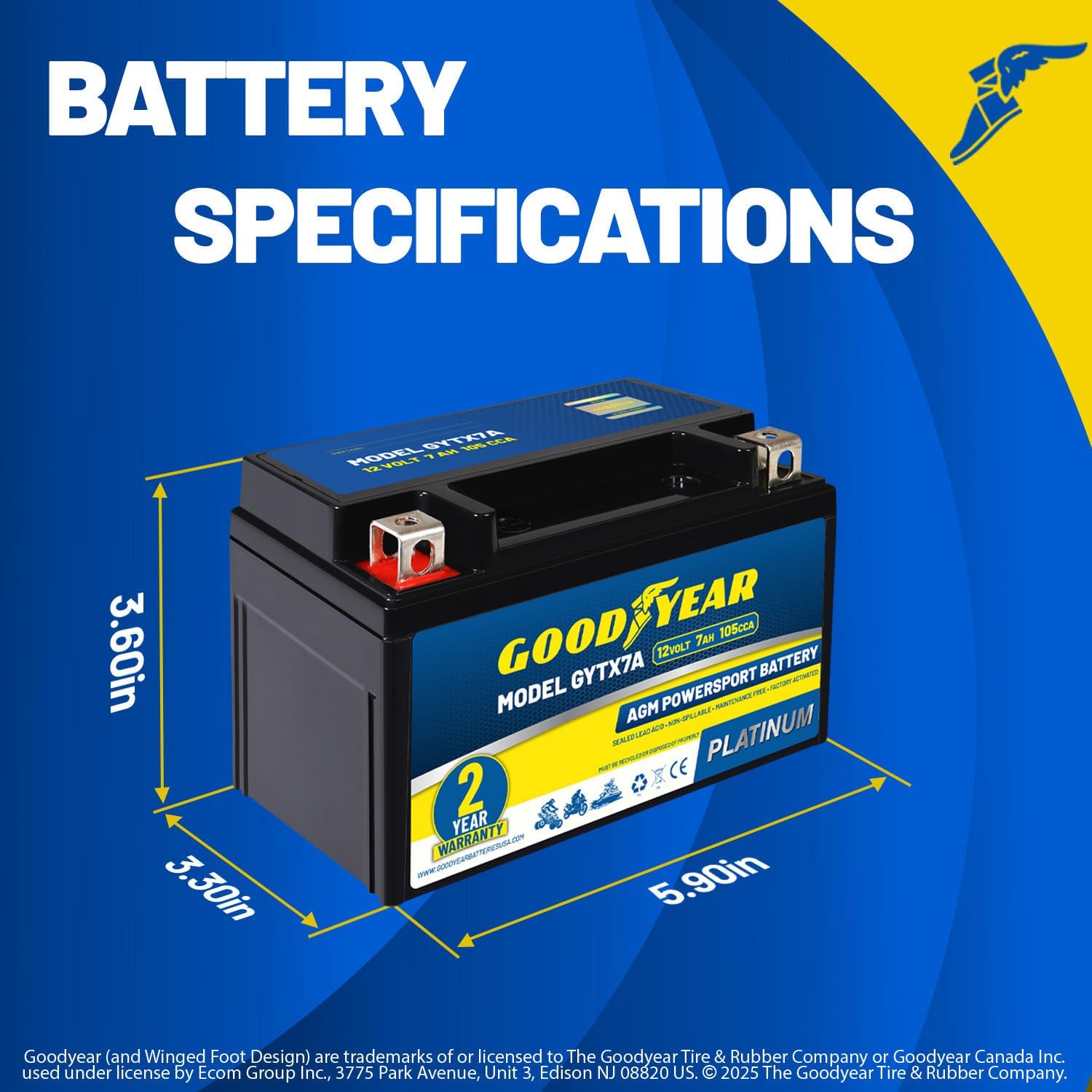 Goodyear GYTX7A -12 Volt 7 AH, 105 CCA, Rechargeable High-Performance, Maintenance Free, SLA - AGM Battery for Motorcycle, ATV, UTV, 4-Wheeler, Snowmobile, Watercraft and More!