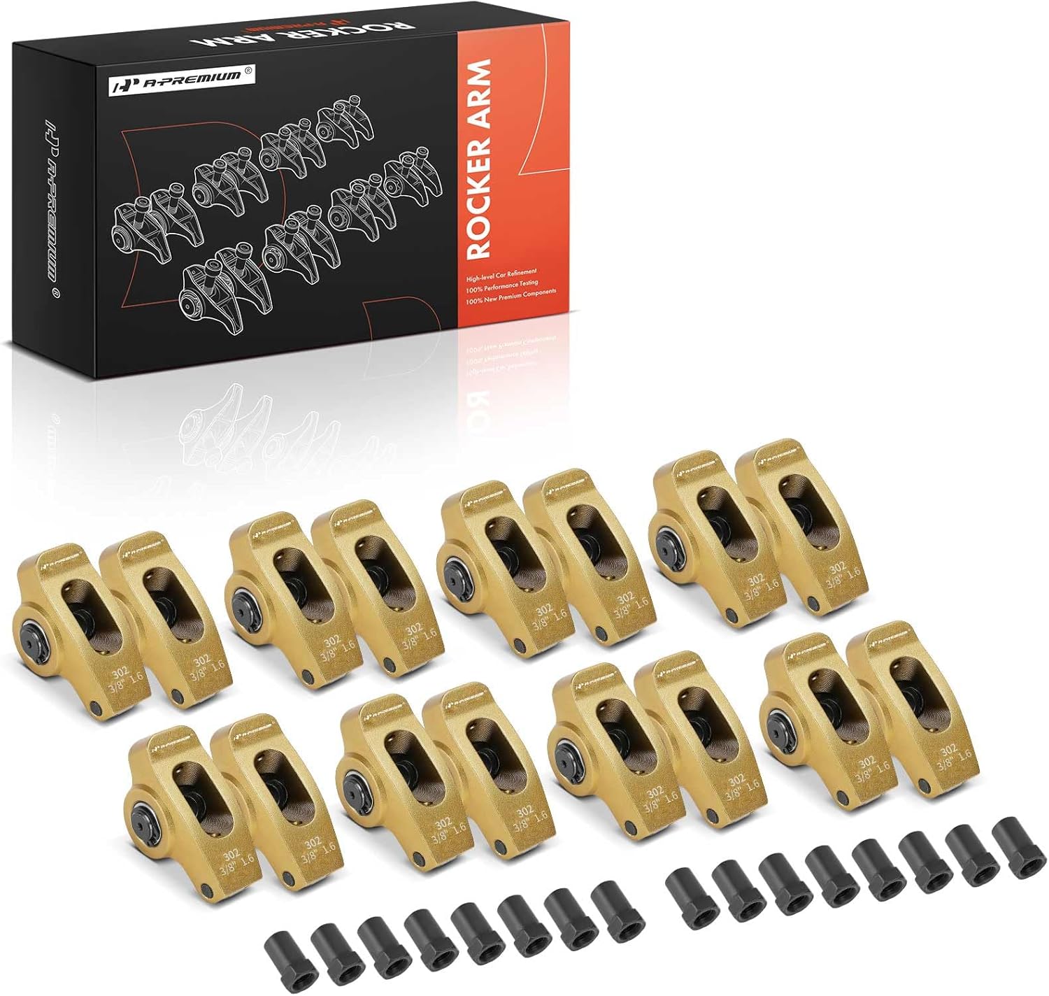 A-Premium 16Pcs Gold Aluminum Engine Roller Rocker Arms with Needle Bearings Compatible with Small Block Ford SBF 302, 1.6 Ratio, 3/8" Studs