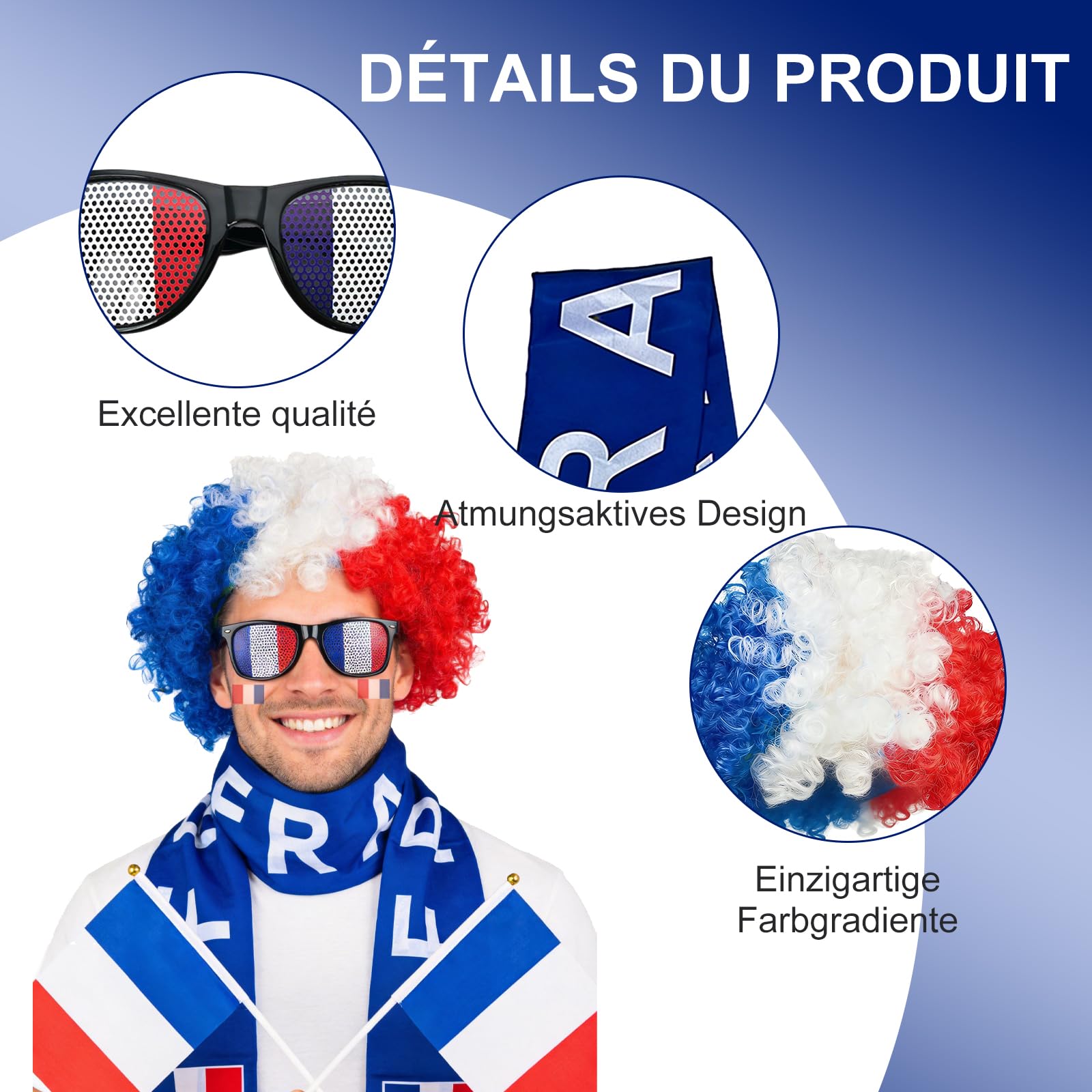 Kit Supporter France 7 Pièces, Football Accessoire avec Lunettes Écharpe Perruque et Drapeau pour Coupe du Monde 2026 Fête Garçons Filles au Stade