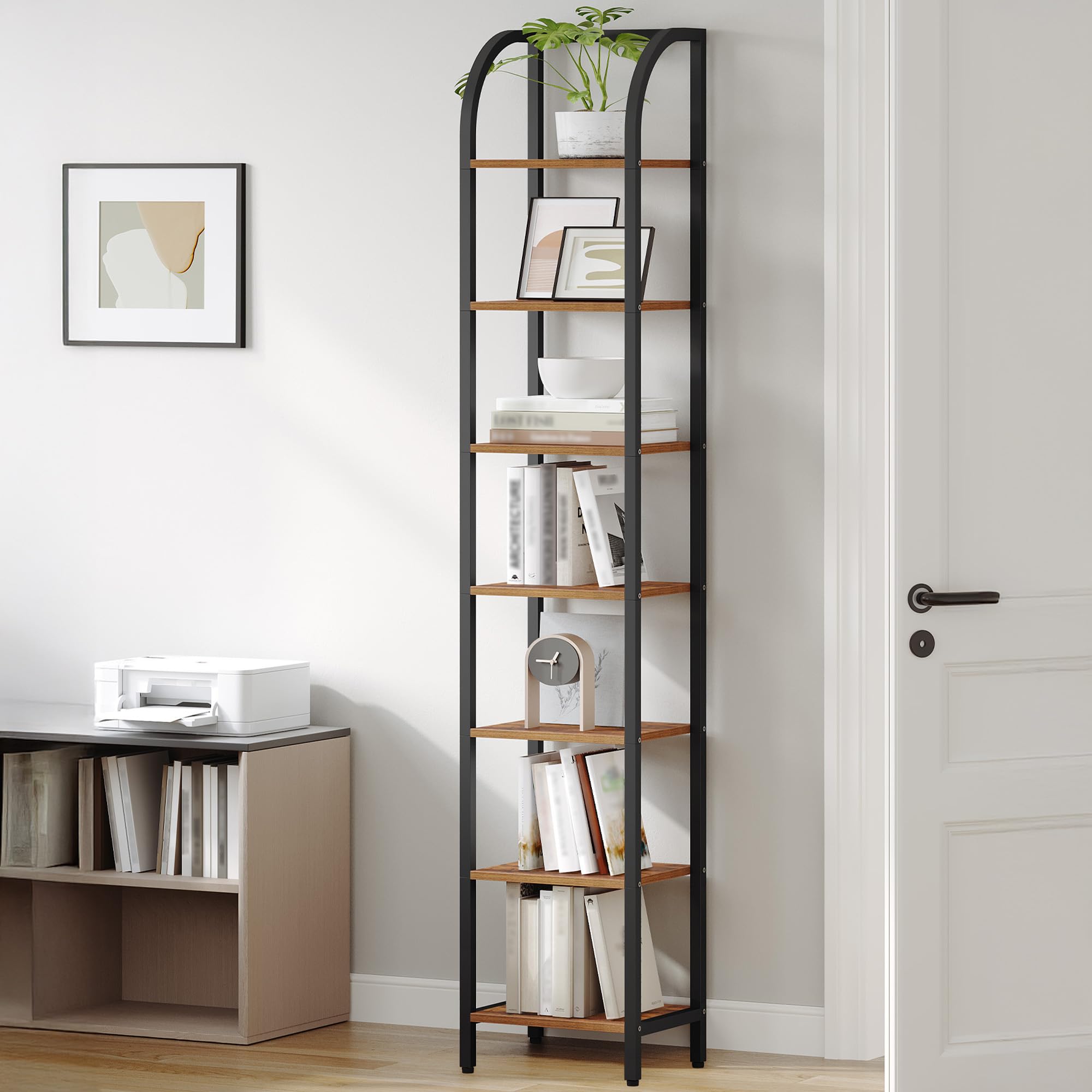 Hzuaneri Bookcase, 7-Tier Bookshelf, Narrow Bookcase Shelving Unit for Living Room, Office, Sturdy, Bedroom, 30 x 33.6 x 208.5 cm, Industrial, Rustic Brown and Black, BC57001B