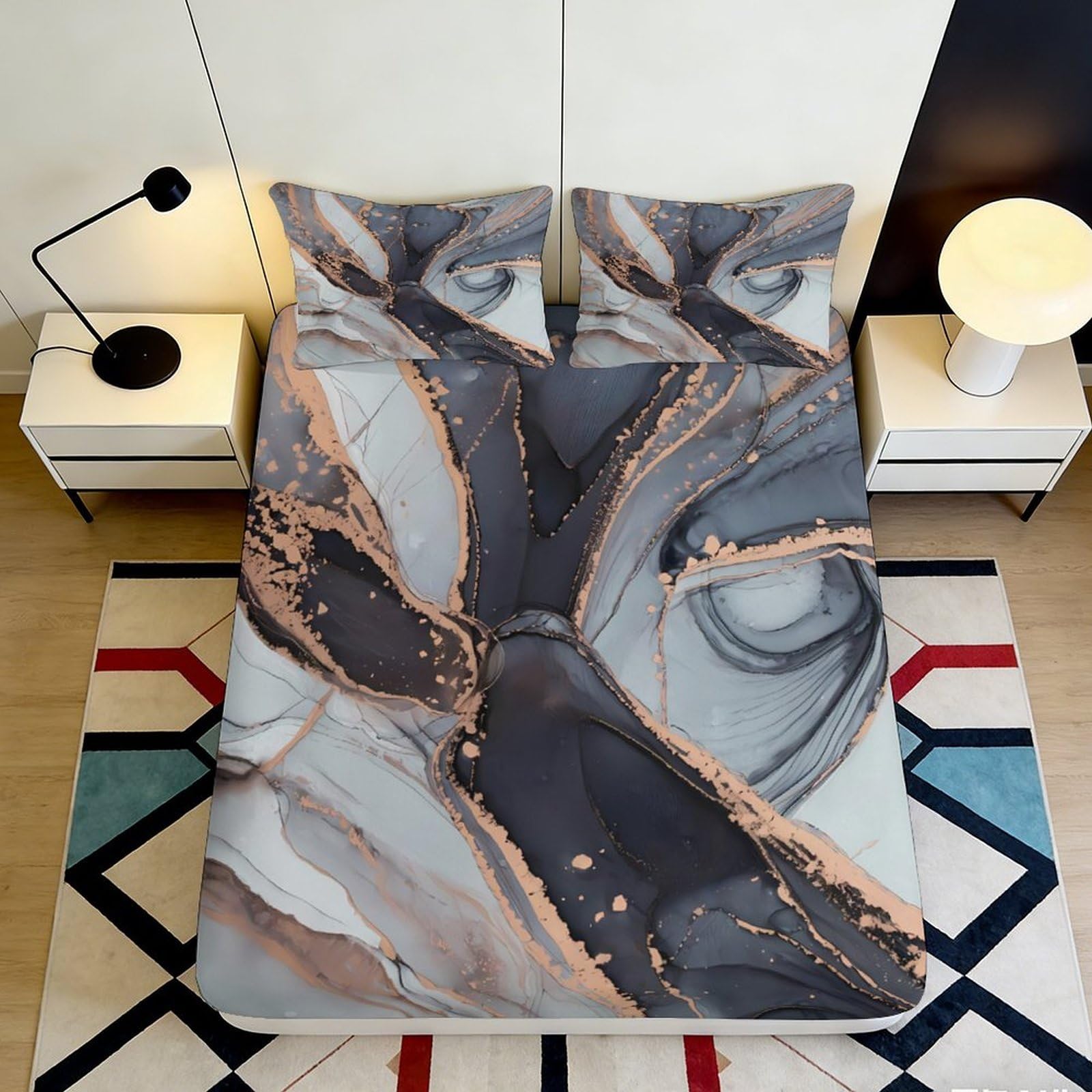 3D Printed Marble Pattern Fitted Sheet Microfiber Soft Breathable Abstract Swirl Bed Cover for Bedroom Dormitory Guest Room Protection Decor 120x200x25cm