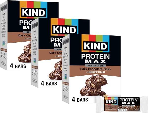 Barritas KIND Protein MAX, Crujiente de Chocolate Oscuro, Snacks Altos en Proteína, 12 pzas | Un impulso de recuperación post-entrenamiento alto en fibra con 20g de proteína y 1g de azúcar. Estas barritas crujientes, aptas para keto, son libres de gluten.