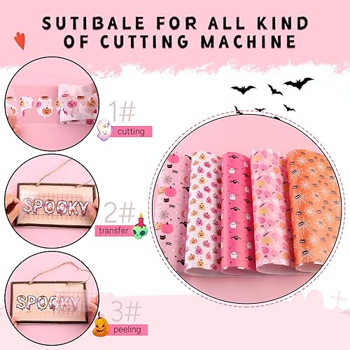 Miniatura 3 de Tintnut Vinilo permanente rosa de Halloween, 5 hojas de 12 x 10 pulgadas, hojas de vinilo adhesivo con patrón de fantasma de calabaza compatibles