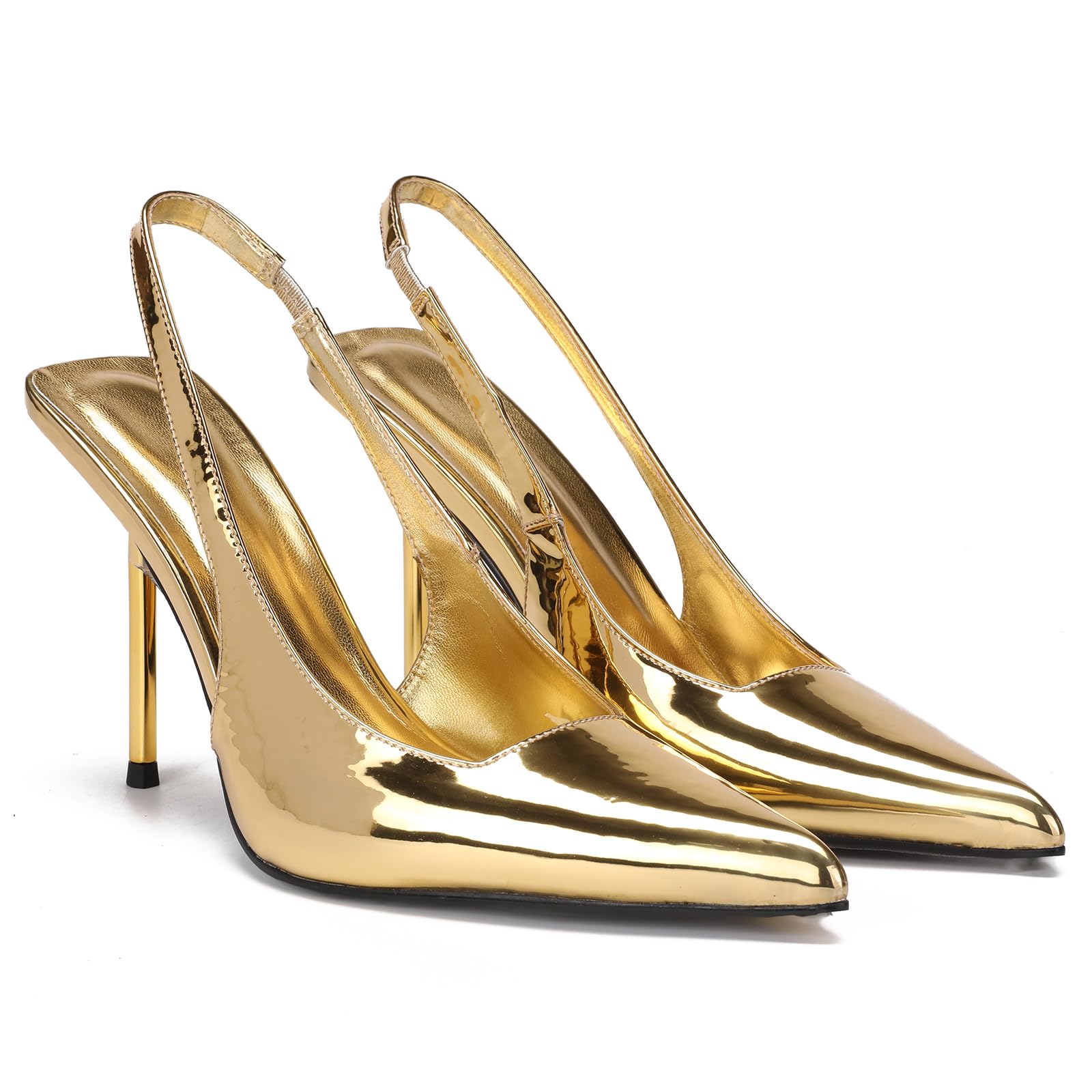 Women's Slingback Stiletto High Heels Pointed Toe Slip On Pumps Shoes Patent Leather Stretch Strap Backless Dress Heels