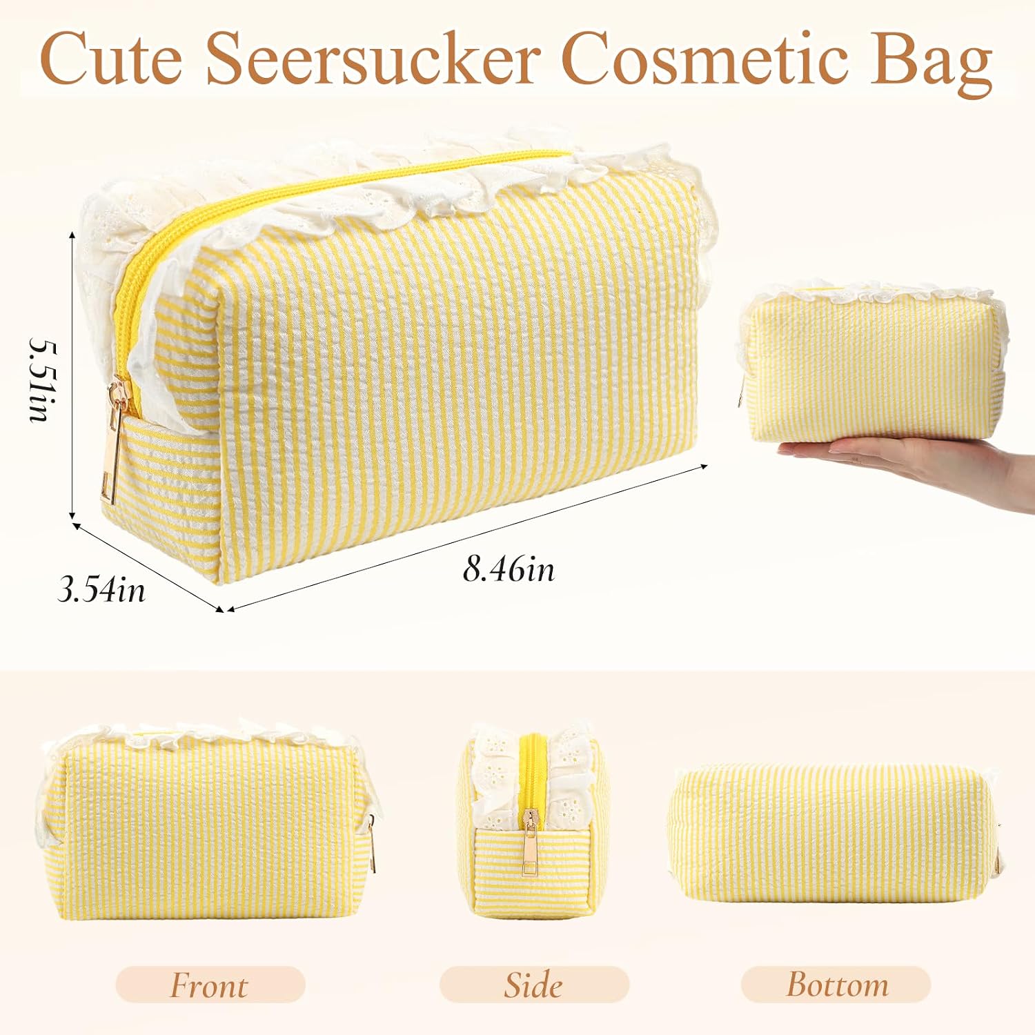 Huhumy 12 Pcs Seersucker Ruffle Makeup Bags Bulk 7 x 4 x 3 inch,Yellow image 2