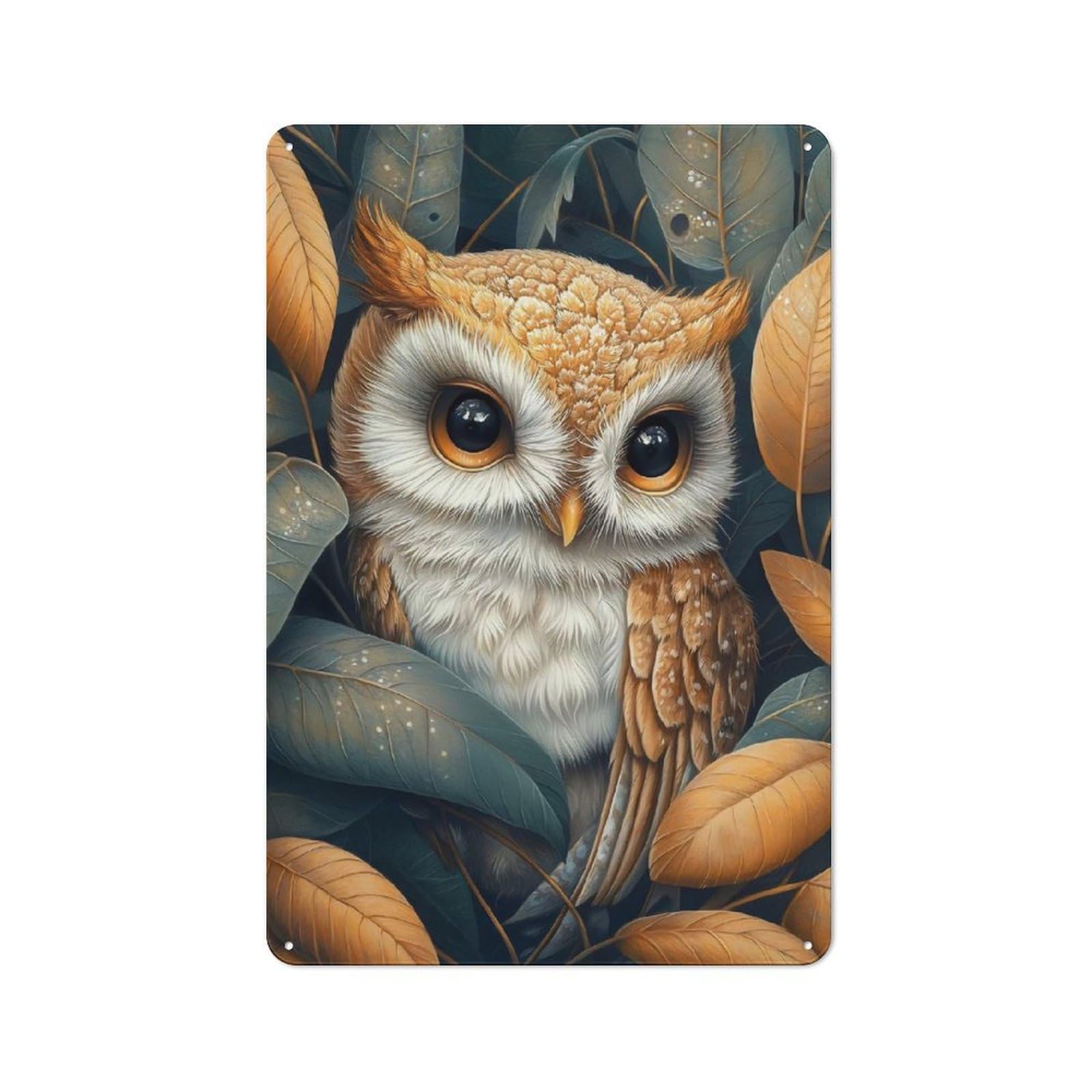 Junmoney Cute Baby Owl In Autumn Leaves Cottage Style Metal Wall Decor 30X20cm, Farmhouse Metal Sign For Farmhouse Kitchen, Pantry Or Dining Area