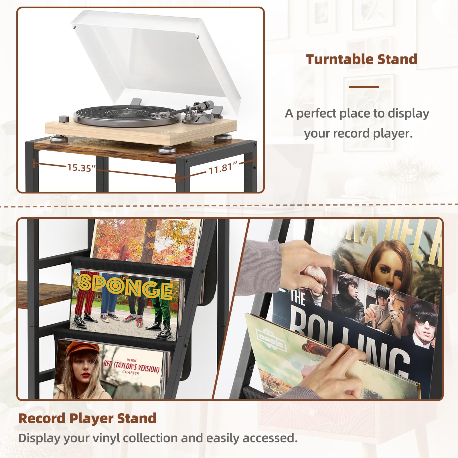 Bikoney Plattenspielerständer mit Gitarrenhalter, Gitarrenständer für Akustik, E-Gitarre, Bass, Gitarrenständer Mehrere Gitarren, Vinyl-Schallplattenständer, Gitarrenständer Boden für Studio