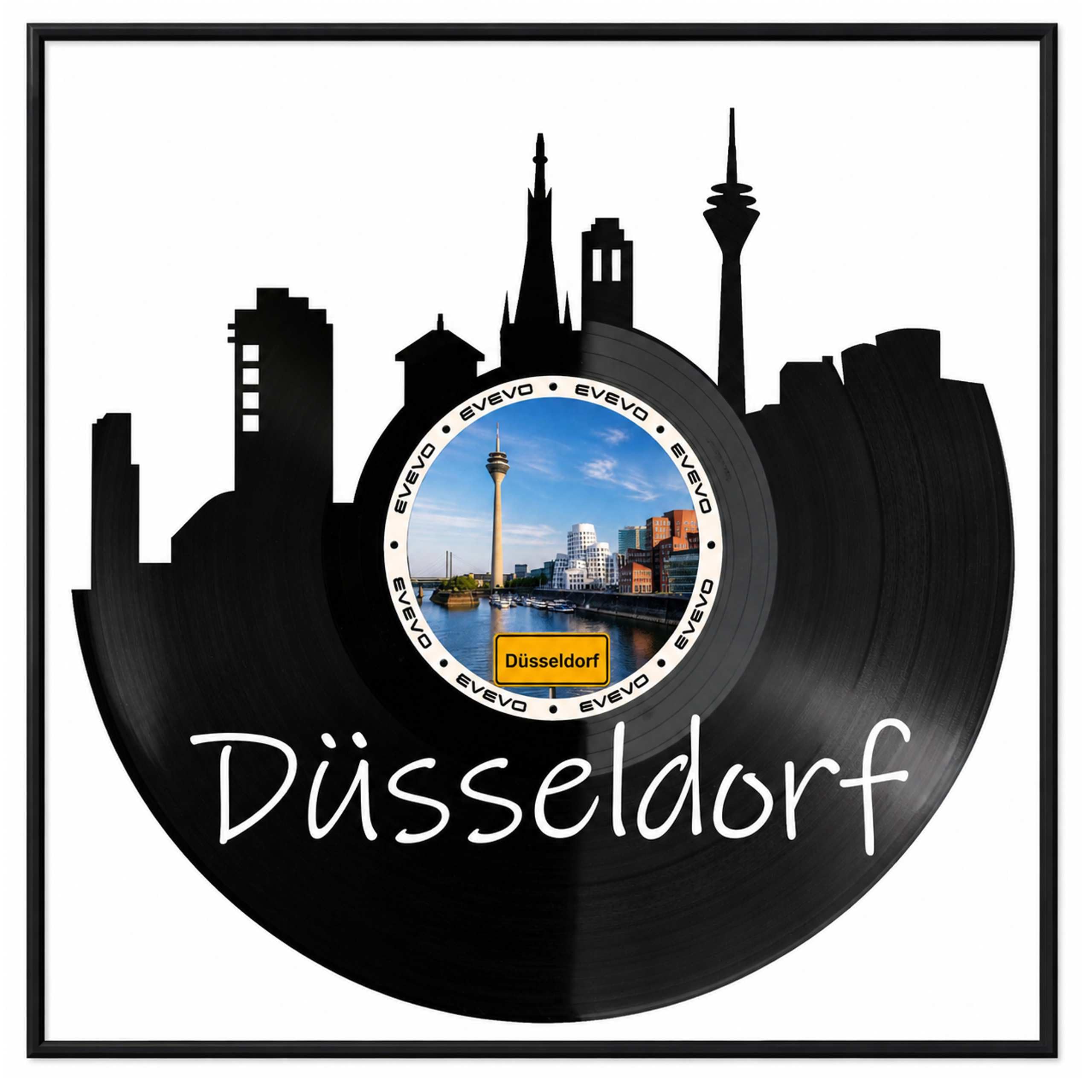 EVEVO Decorazione da parete in vinile con cornice, 32 x 32 cm, Düsseldorf – Decorazione da parete in vinile con metropoli del Reno, idea regalo per gli appassionati di Düsseldorf