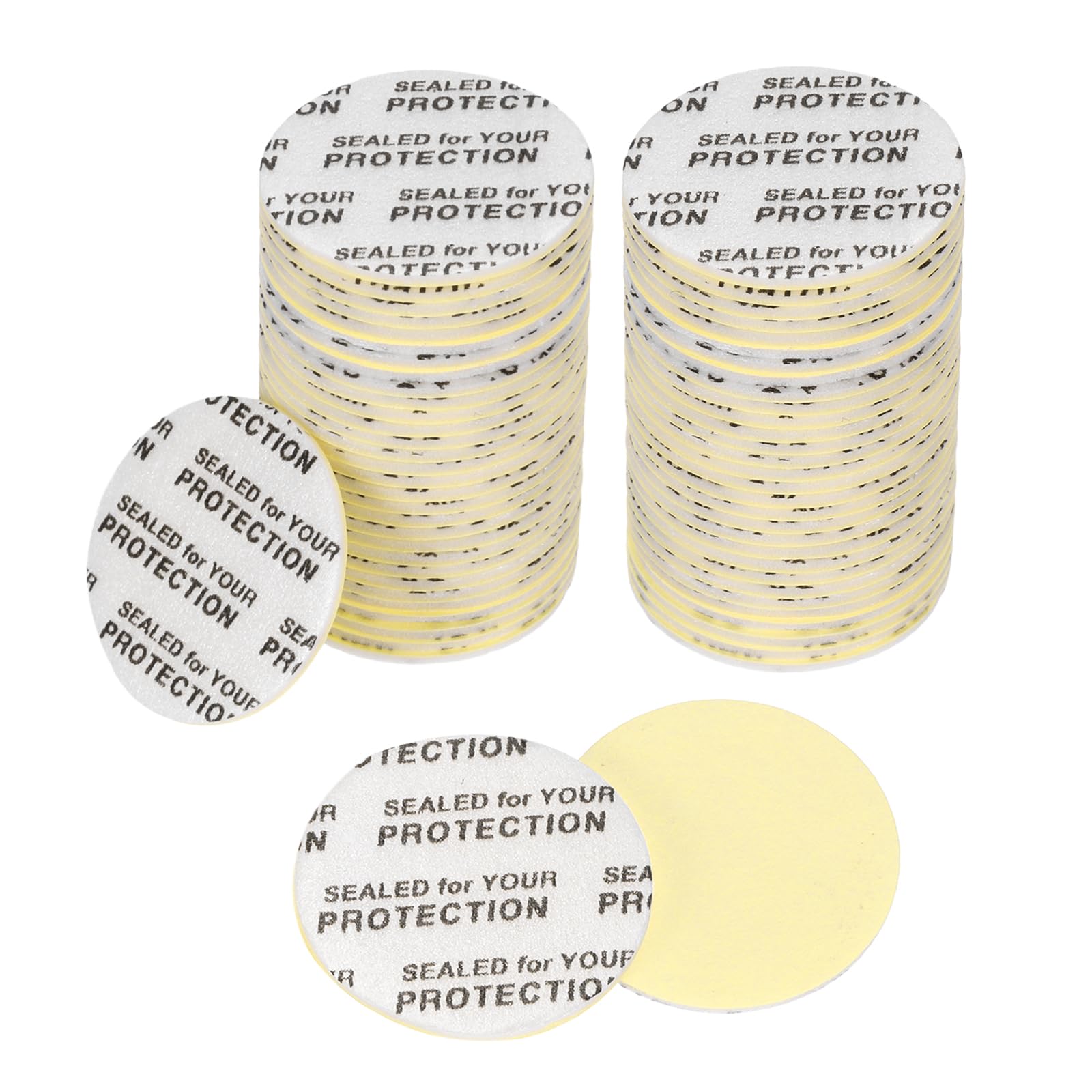 PATIKIL 24mm/0.94" Foam Lid Liner 120pcs Adhesive Round PS Pressure Sensitive Seals, Cap Liners Resistant Tamper for Plastic Glass Jar Bottle Cap Canning Vials Seals Black Text, White
