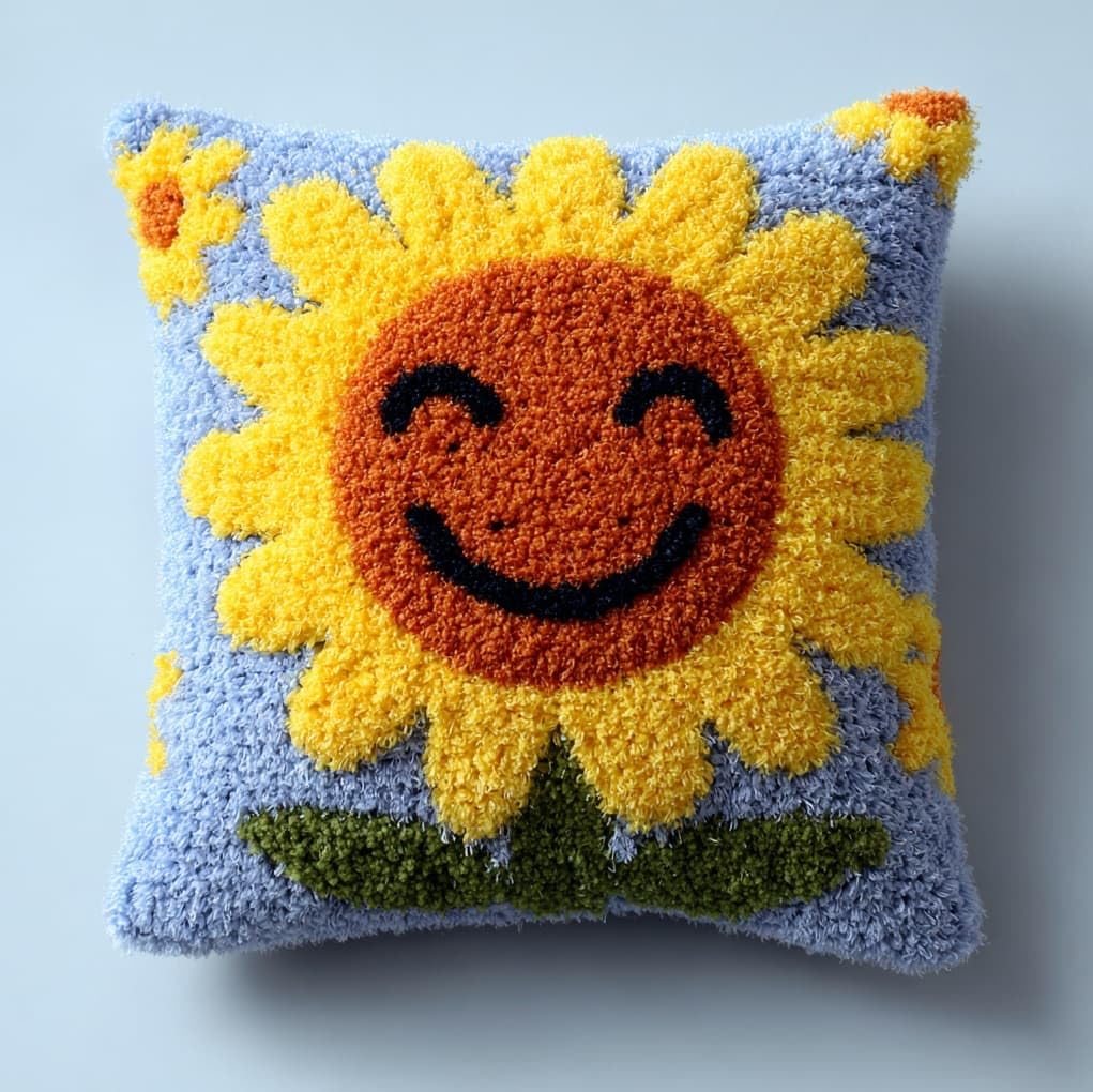 WallustrioaW Latch Hook Kit Cushion Latch Hook Kit,Smiling Sunflower,Sofa Cushion Cover Embroidery Craft for Adults and Beginners,17x17in