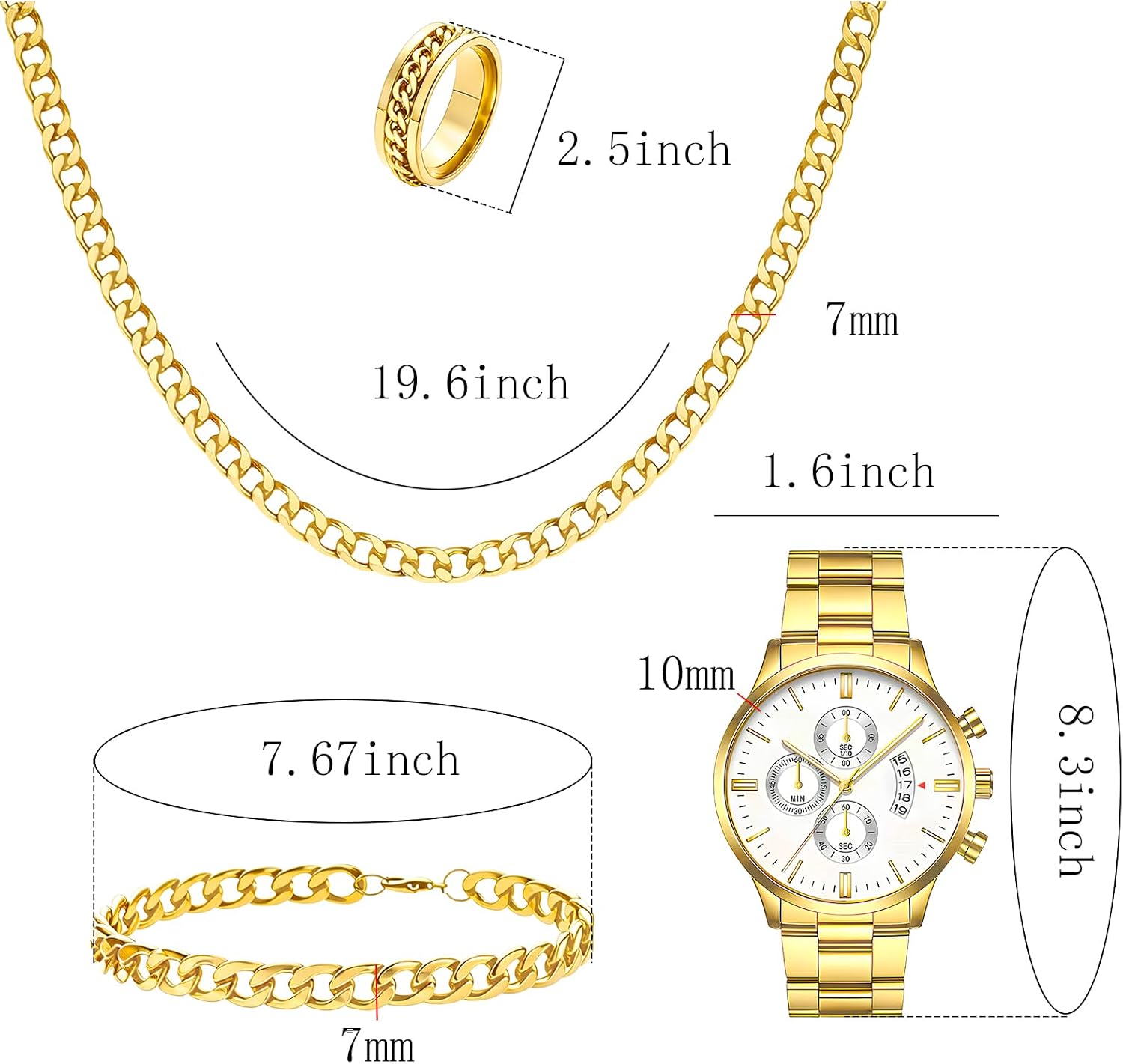 NEWITIN 4 Pieces Black Jewelry Set for Men Stainless Steel Watch Necklace Bracelet Ring Fashion Black Wristwatch Cuban Link Chain Cuban Jewelry Set for Men image 2