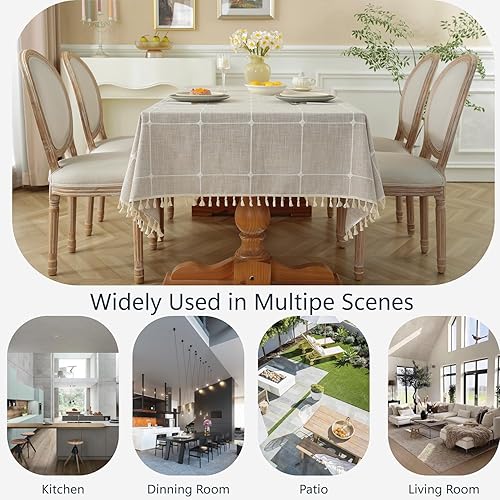 Miniatura 5 de Alsoo Mantel rectangular de tela de lino de algodón, a cuadros color marrón, 6-8 asientos55 x 90 pulgadas