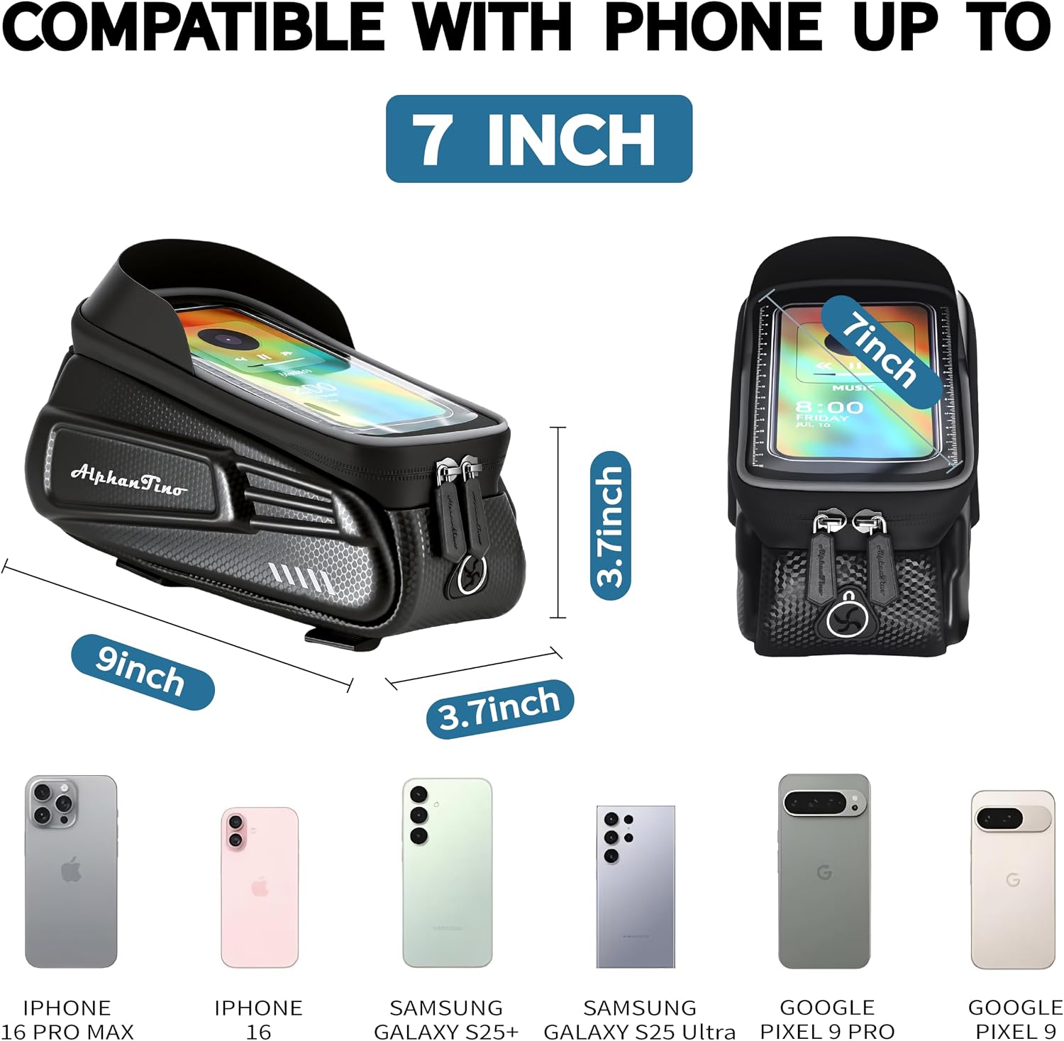 Bike Phone Holder Bag - Waterproof Bicycle Frame Bag Hard Case Large Capacity Top Tube Front Frame Cycling Mount Accessories Pouch with Sun Visor (Black Zipper)