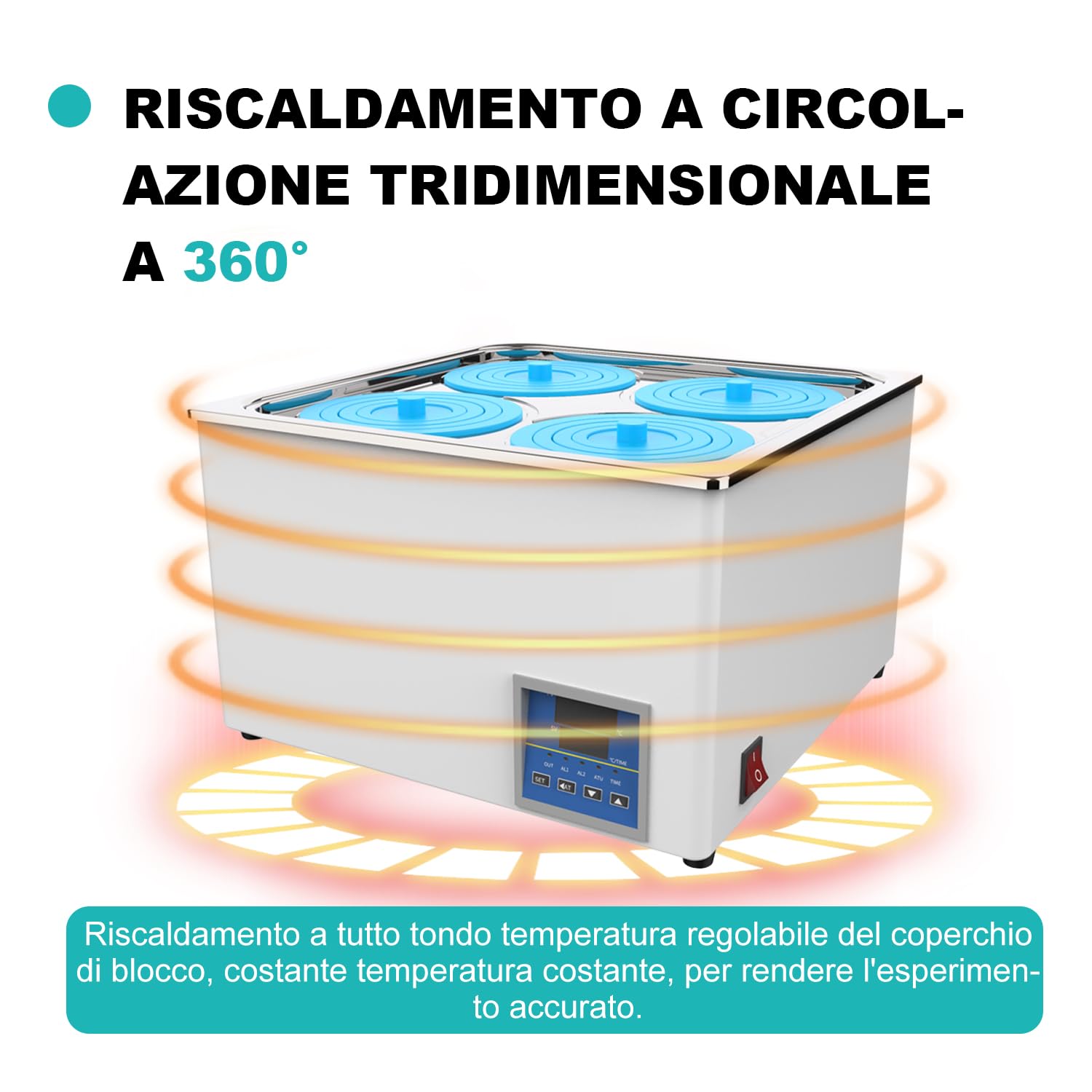 JOANLAB Bagnomaria da Laboratorio 12L, 800W - Quattro Aperture, Acciaio Inox - Termostato Digitale ±0,1°C - Timer 0-99 Min - Display LED