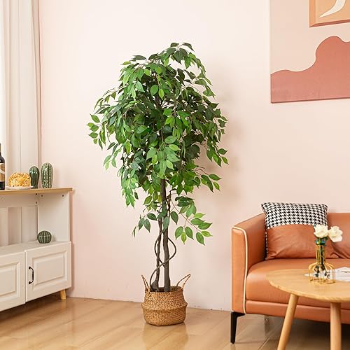 Miniatura 8 de Paquete de 2 árboles de ficus artificiales de 6 pies altos para interiores, árbol de seda artificial con maceta de plástico para guardería, oficina,
