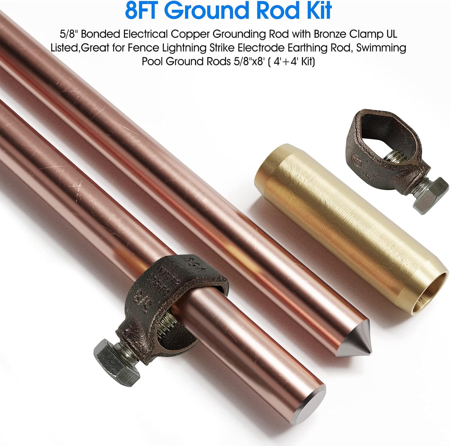 GOUNENGNAIL 8ft Ground Rod Kit - 5/8'' Bonded Electrical Copper Grounding with Bronze Clamp UL Listed,Great for Fence Lightning Strike Electrode Earthing Rod, Swimming Pool Rods, 5/8''x8' (4'+4' Kit)