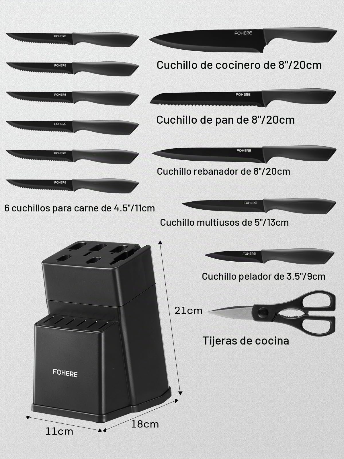FOHERE Juego de Cuchillos de Cocina con Afilador Integrado, 13 Piezas Negro Revestimiento de Antiadherente, Cuchillos Cocina con Mango Ergonómico y Acero Inoxidable, Gris Mate