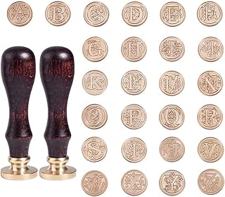 PH PandaHall 約26個/セット 75mm シーリングスタンプ 入れ替え シーリングワックス 木製ハンドル 真鍮 蝋封 印章 復古風 洋式の模様 手紙・レター・工芸プロジェクト・パーティー招待状 手作り DIY用 手芸用品 クラフト用品 ゴールデン