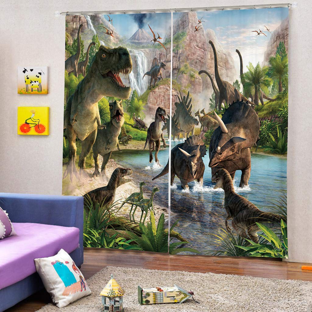 Cortinas para dormitorio de niños, cortinas de ventana de dinosaurio para niños y niñas, sala de estar, 3D, naturaleza jurásica, bonita decoración de habitación, 2 paneles de 27.5 pulgadas de 3