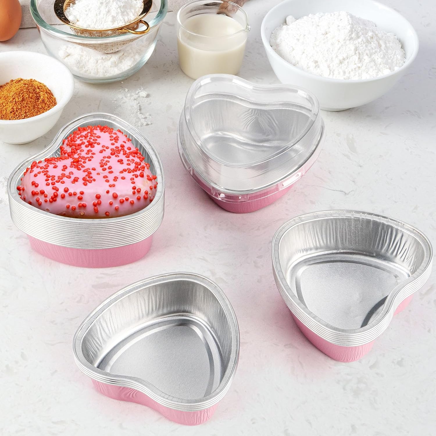 Mini Heart Shaped Cake Pans for Baking with Lids, 3.4 Ounce 50 Sets