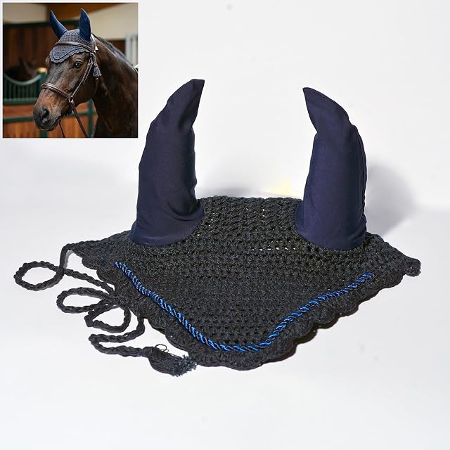 Foto 2 de 7 de Spire Gorro protector de orejas de algodón transpirable de ganchillo suave para caballo (pony, azul marino)