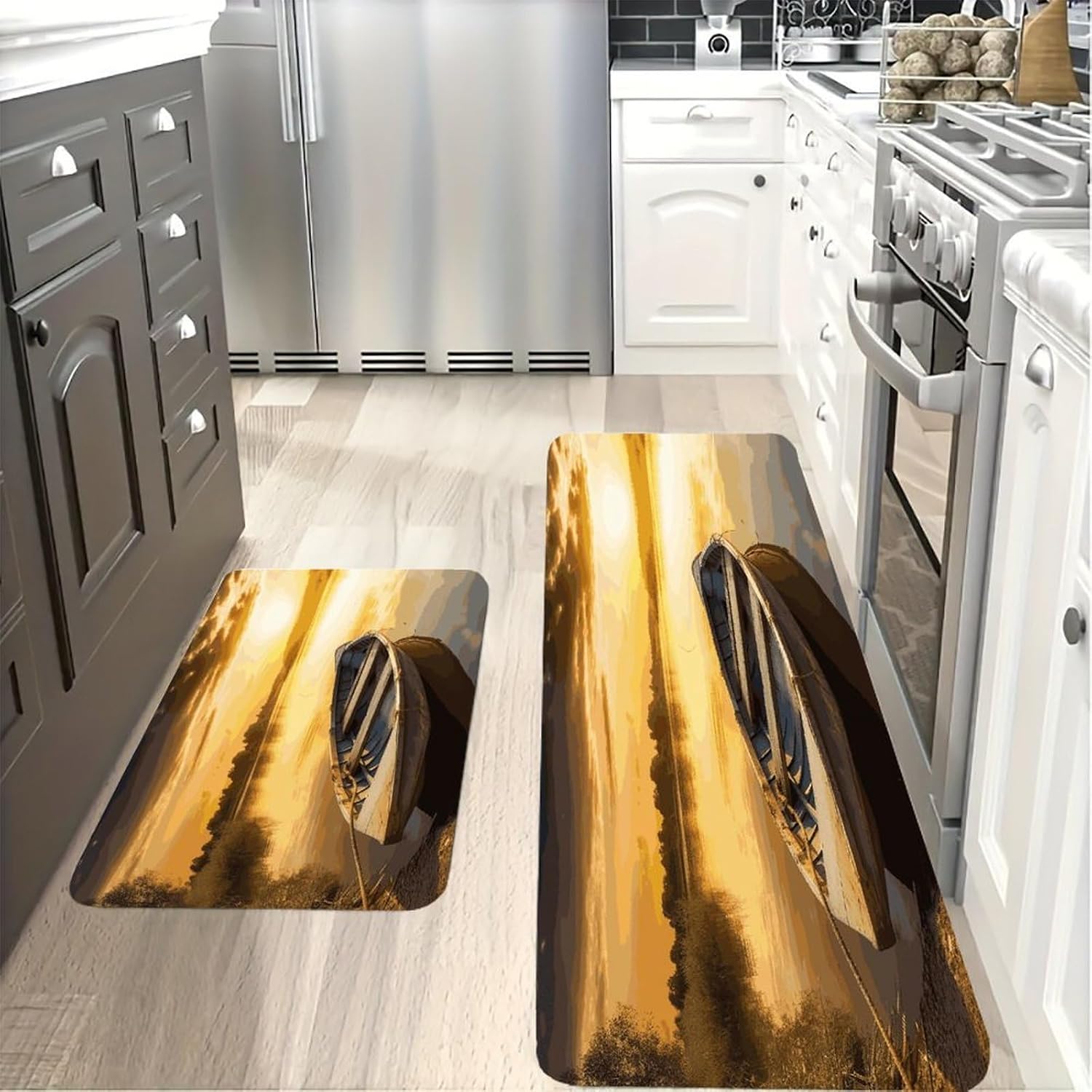 River Sunset Wooden Boat Kitchen Mats for Floor 2PCS Waterproof Non-Slip Kitchen Rugs Cushioned Anti-Fatigue Mat Heavy Duty Floor Mats Comfort Standing Mat for Kitchen Home Office Laundry image 4