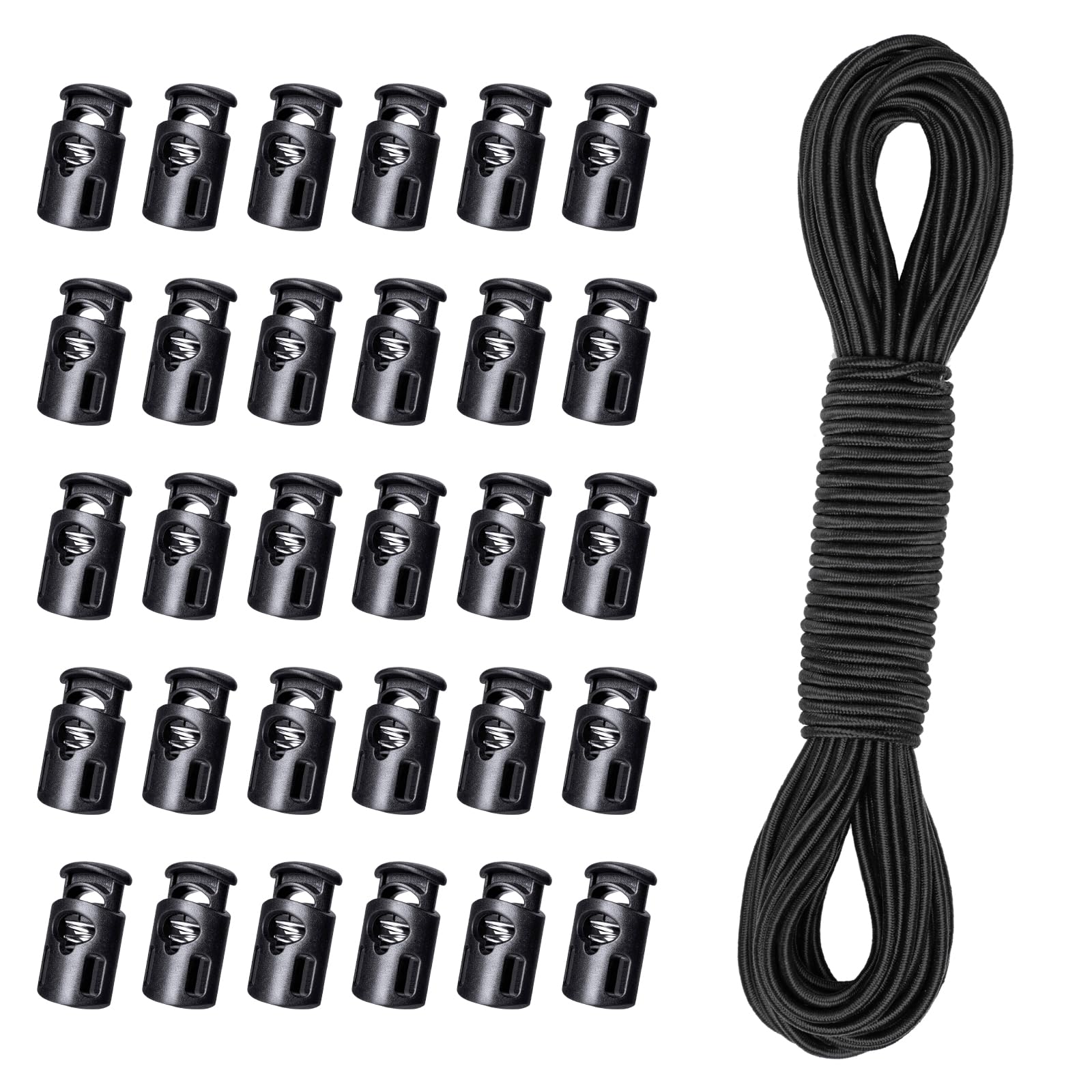 Peapin Black 30Pcs Cord Locks + 10M Elastic Rope Drawstring Kit