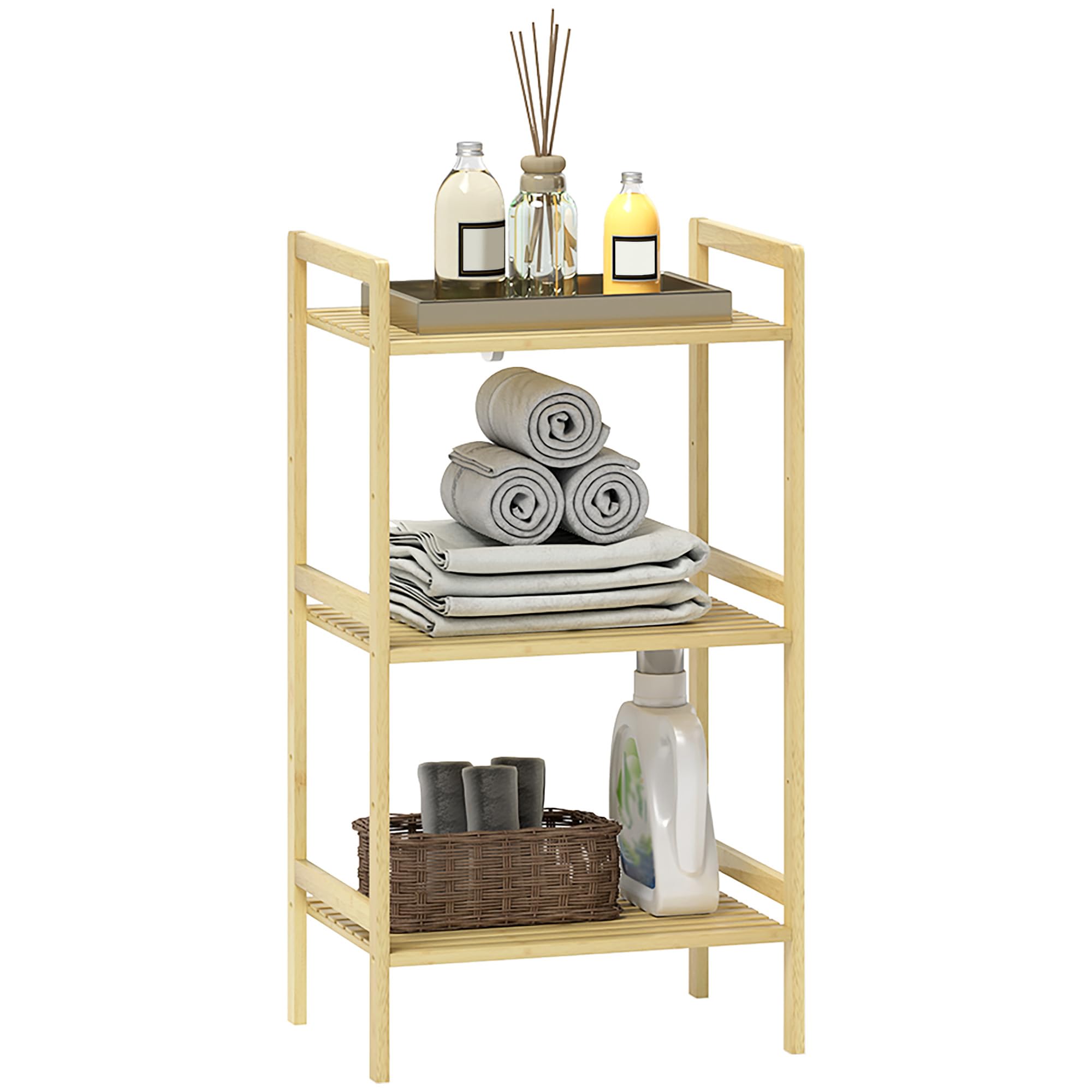HOMCOM 3 Shelf Bamboo Bathroom Storage Shelf - Adjustable Height - Natural Brown