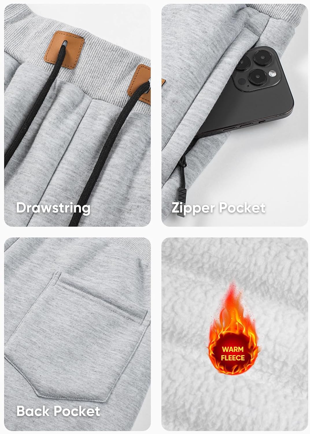 JMIERR Men's Fleece & Regular Sweatpants with Zipper Pockets Tapered Joggers Drawstring Waist Athletic Workout Track Pants - Image 6