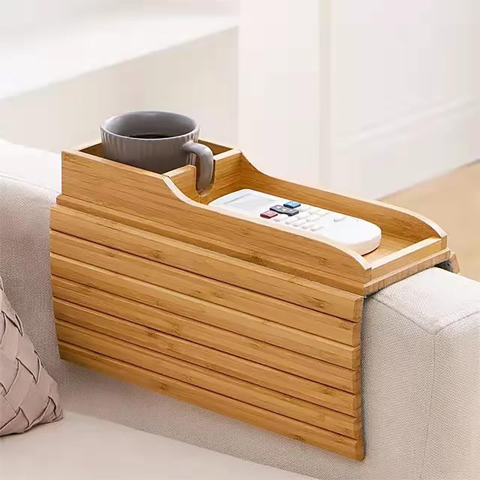 Bandeja plegable para reposabrazos de sofá, para bebidas, aperitivos, mandos a distancia y objetos pequeños, versátil soporte para tazas de sofá y solución de almacenamiento para sala de estar